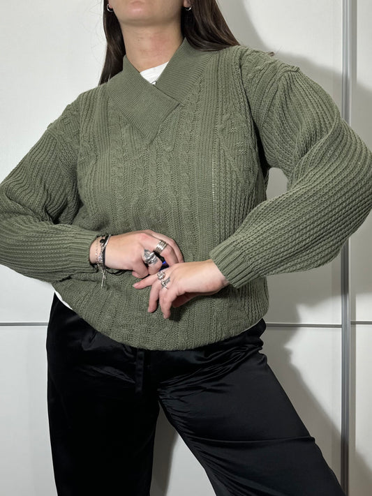 Pullover tricot in misto lana verde cachi