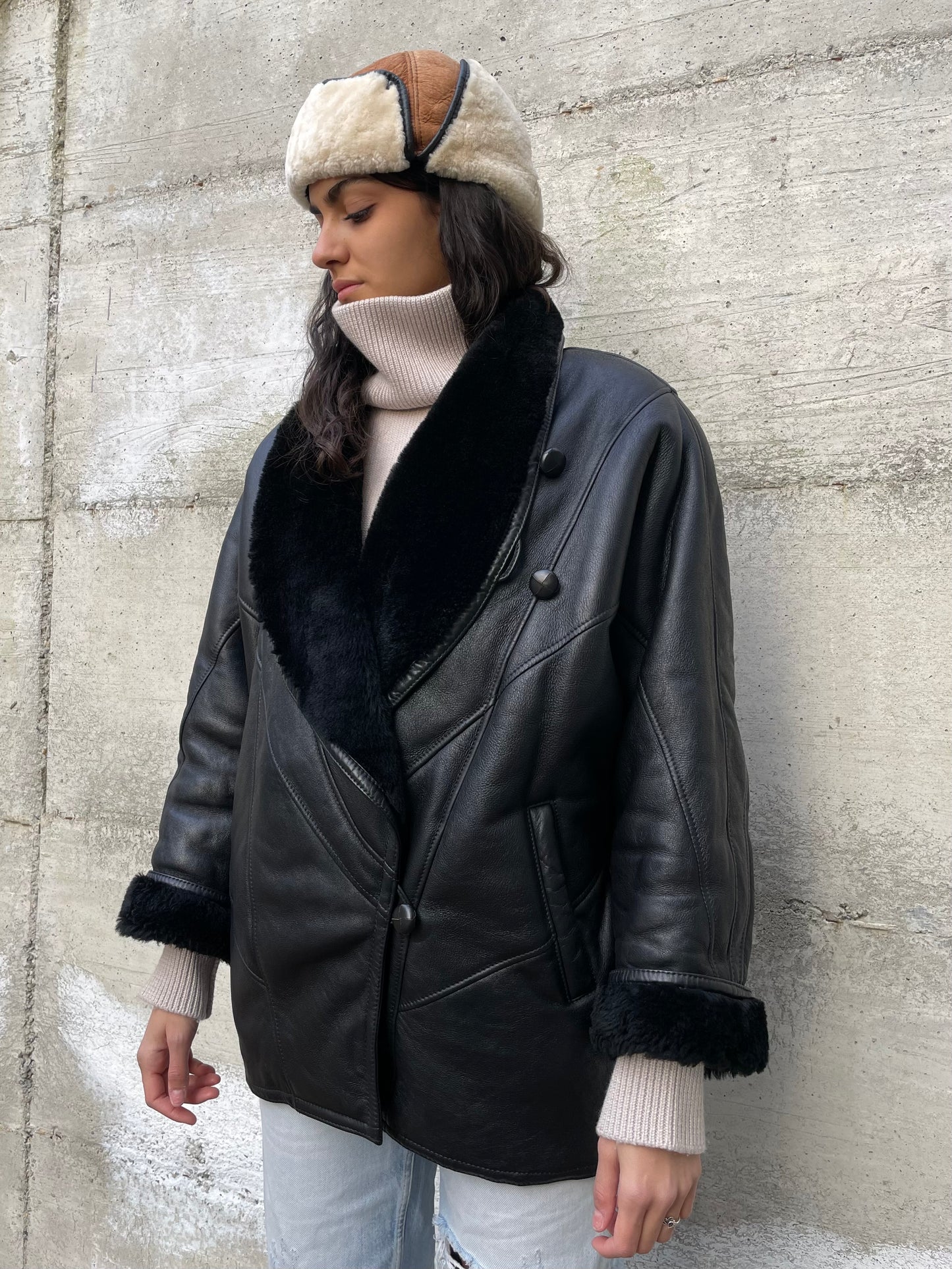 Montone donna originale Shearling 80s, esterno in pelle e interno a pelo raso, in rara taglia piccola