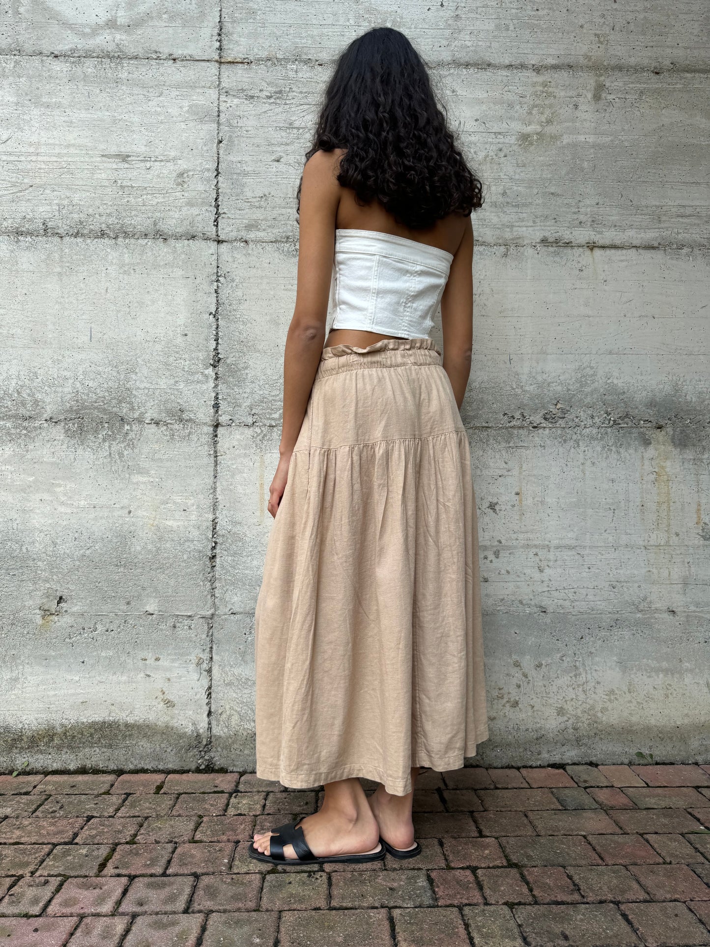 Gonna midi beige in misto lino e cotone, taglia M