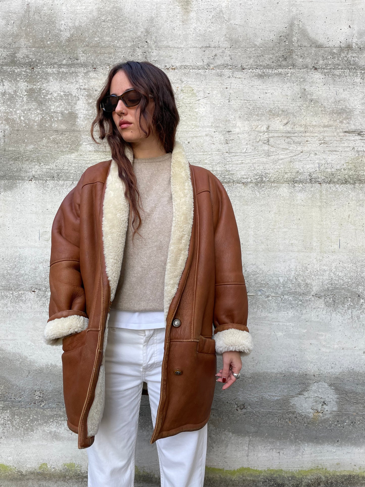 Montone Shearling originale a pelo bianco con esterno in pelle rame, taglia 48it donna