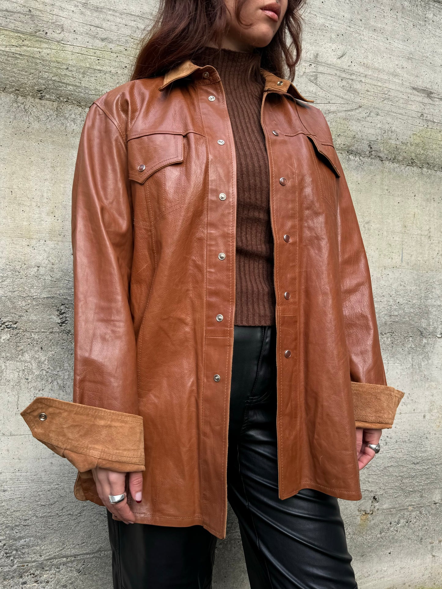 Overshirt double face in cuoio e renna color cognac