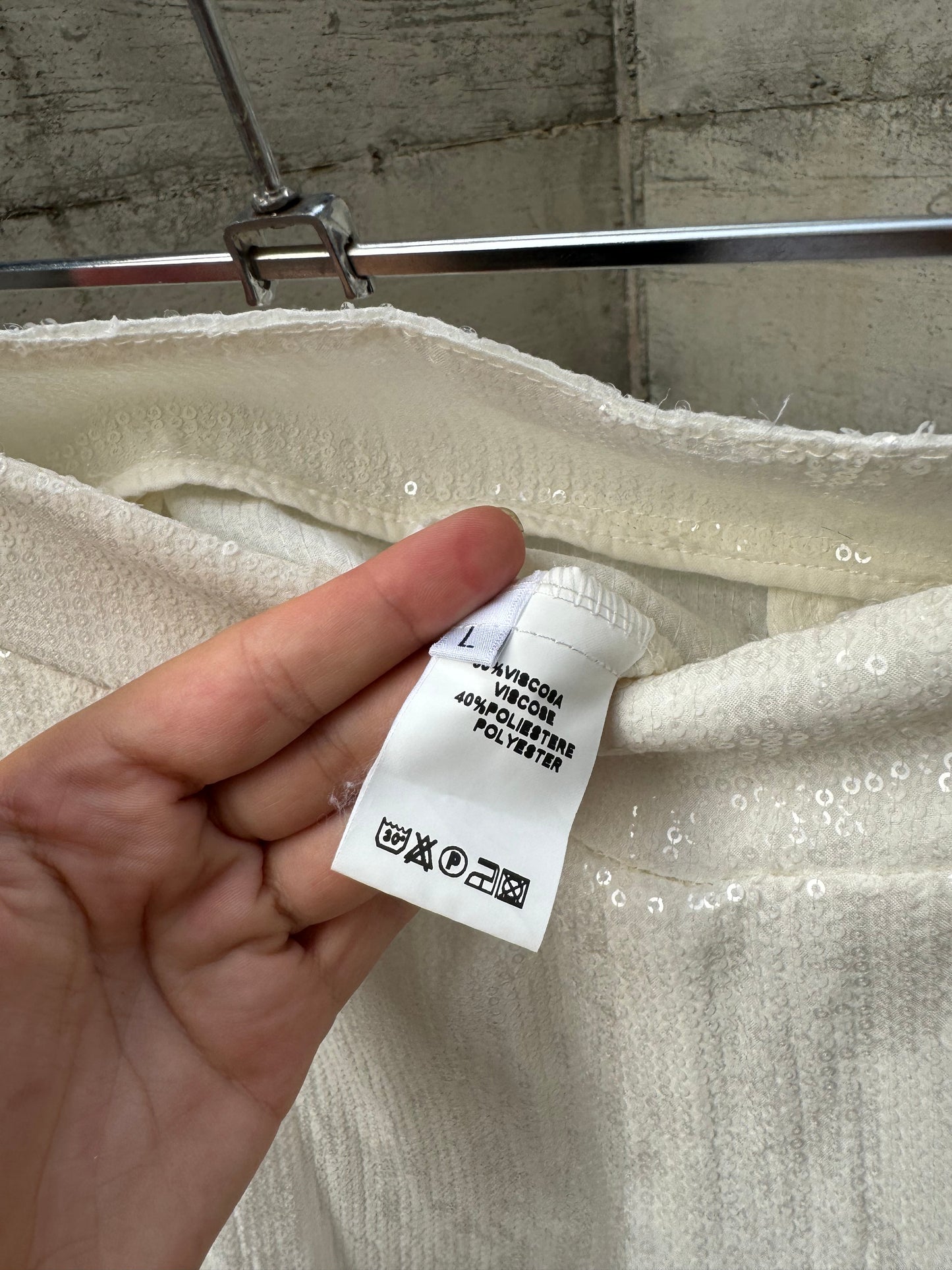 Pantapalazzo bianco lavorato con paillettes in misto viscosa, taglia M