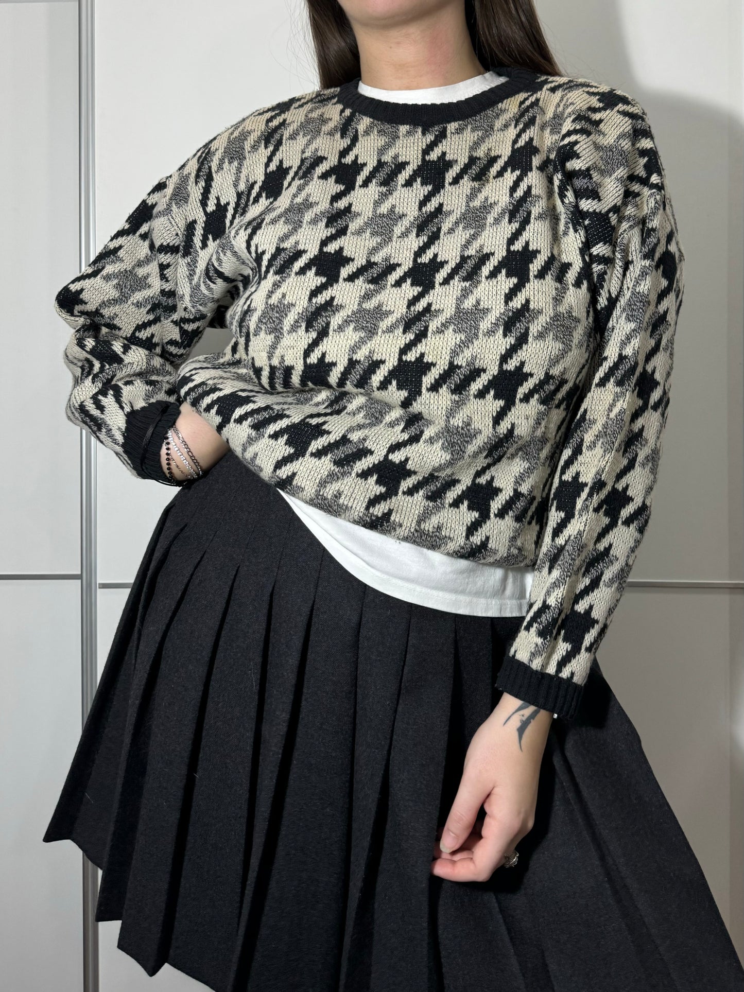 Pullover girocollo pied de poule in misto lana