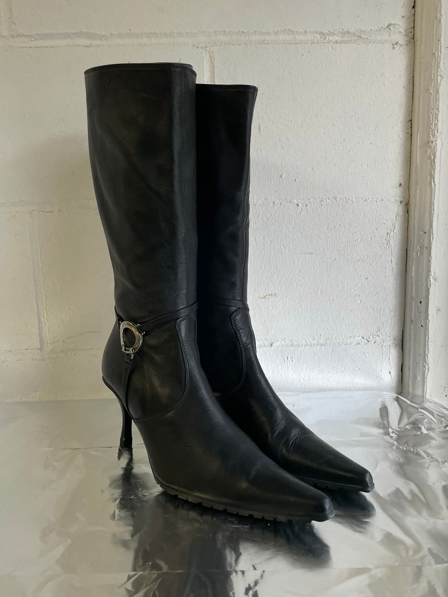 EU 39 - Stivale vintage vera pelle nero a punta, tacco 8cm