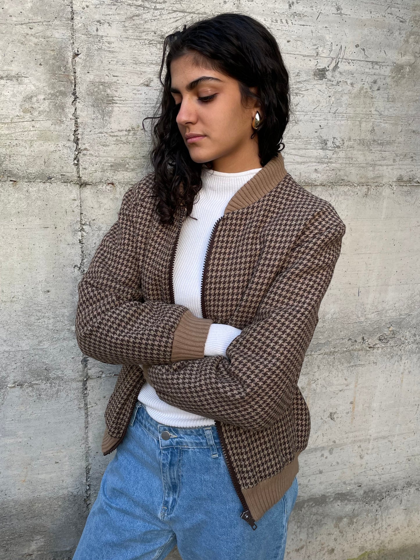 Bomber con elastici pied de poule trapuntato, in lana - taglia M uomo