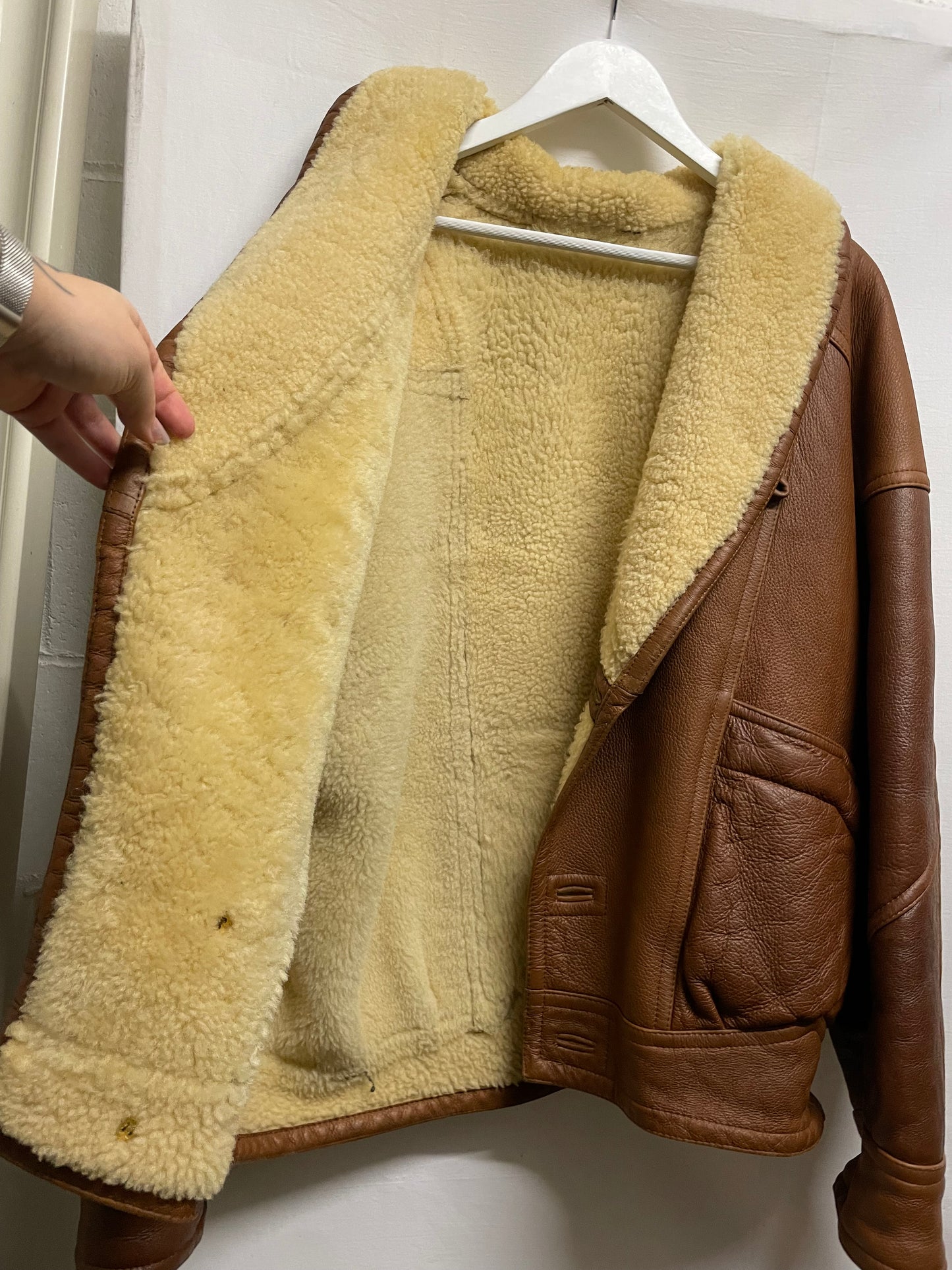 Montone Shearling originale esterno in pelle e interno a pelo raso burro, taglia 50it uomo