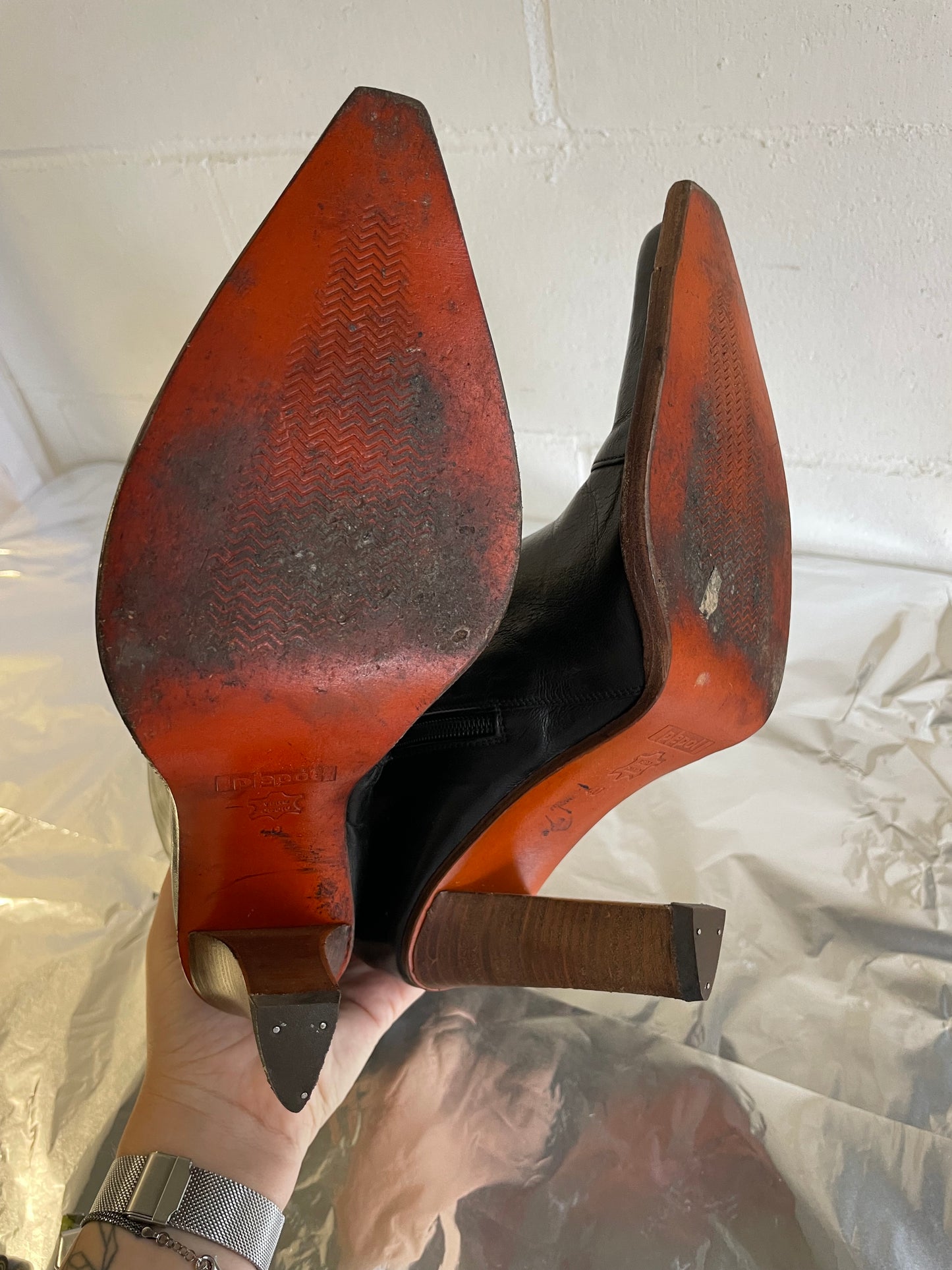 EU 40 - Ankle boots vera pelle neri a punta, tacco grosso 10cm