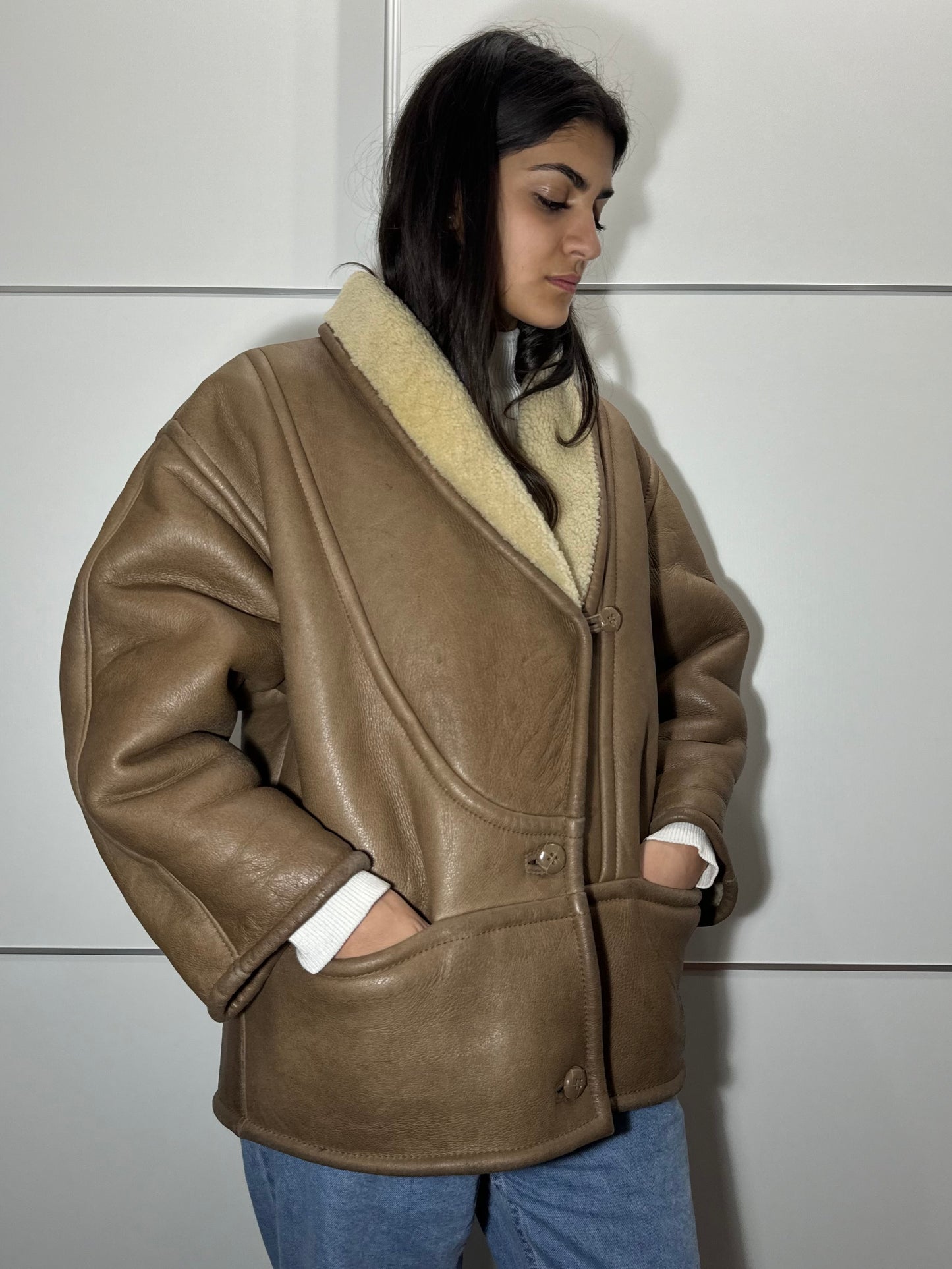Montone originale Shearling in pelle nocciola, rara taglia piccola da donna