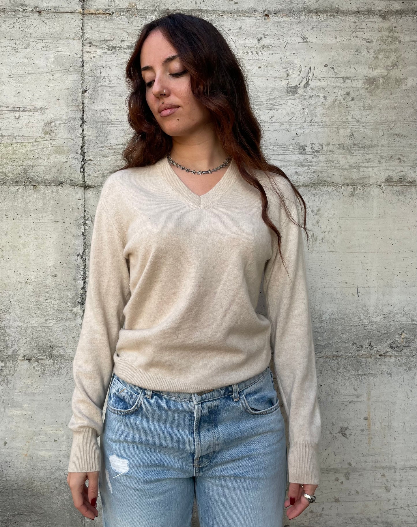 Maglioncino scollo a V sabbia 100% cashmere, taglia M