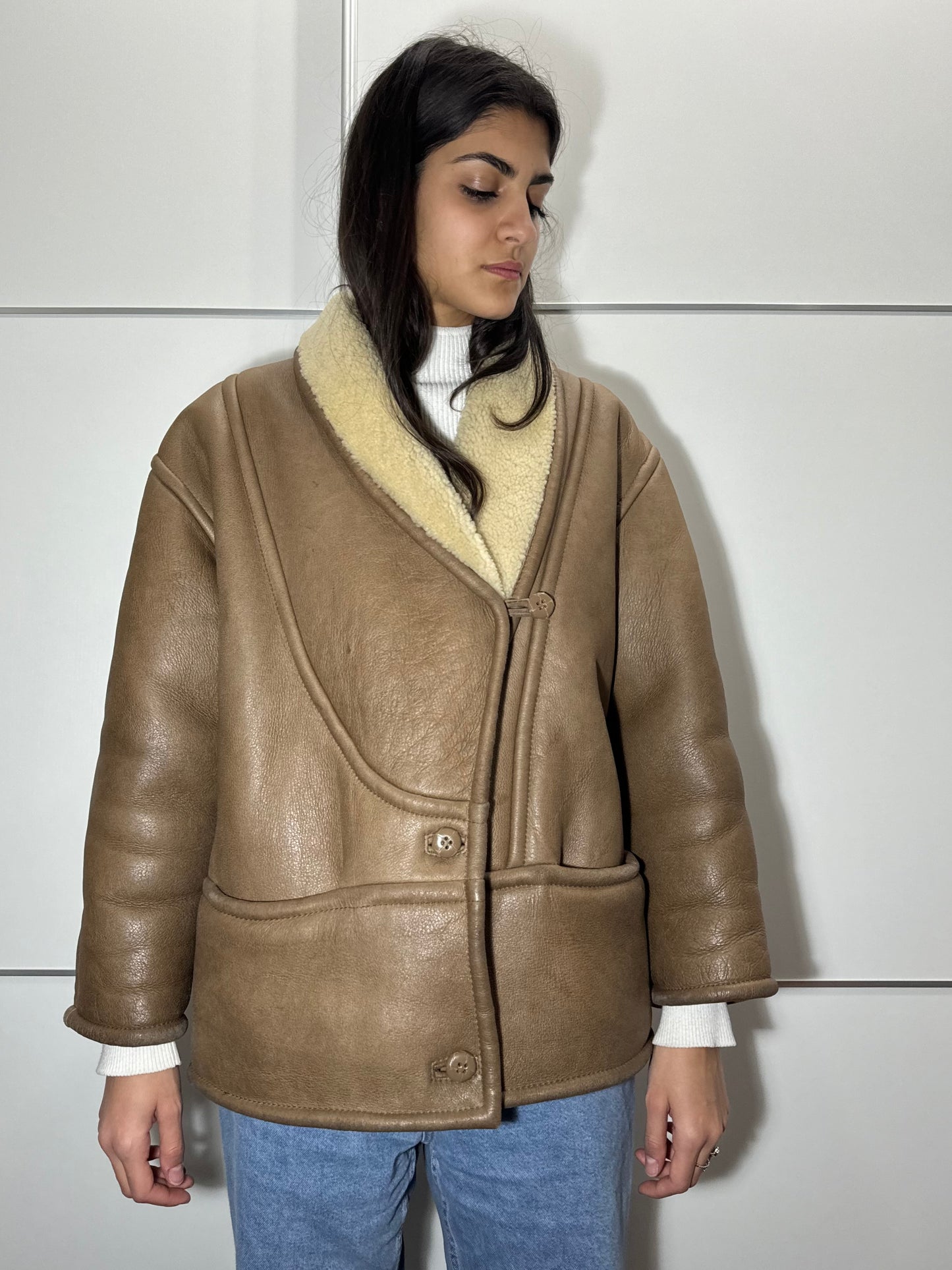 Montone originale Shearling in pelle nocciola, rara taglia piccola da donna