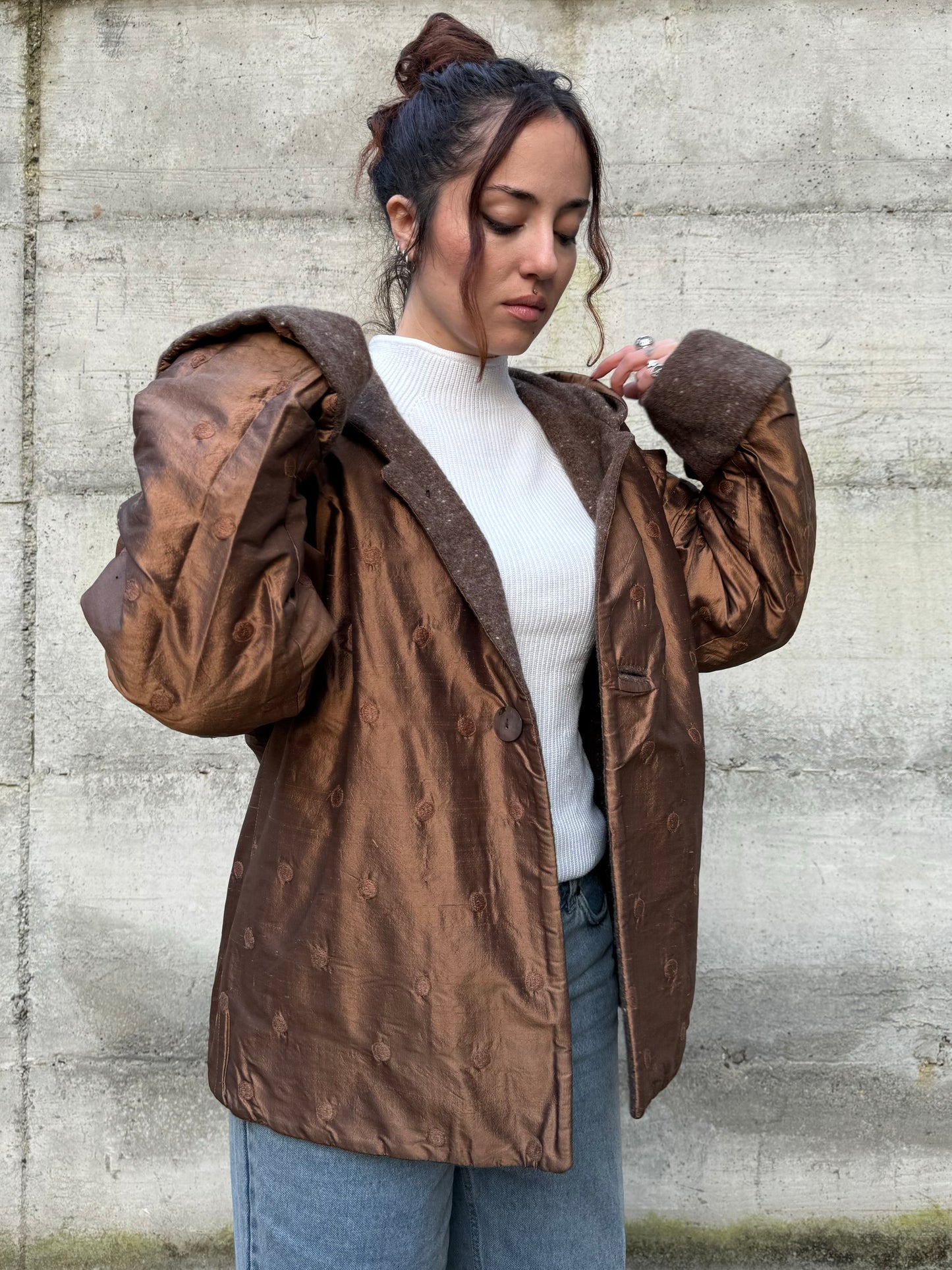 Piumino doubleface con cappuccio, shantung di seta e misto lana/mohair