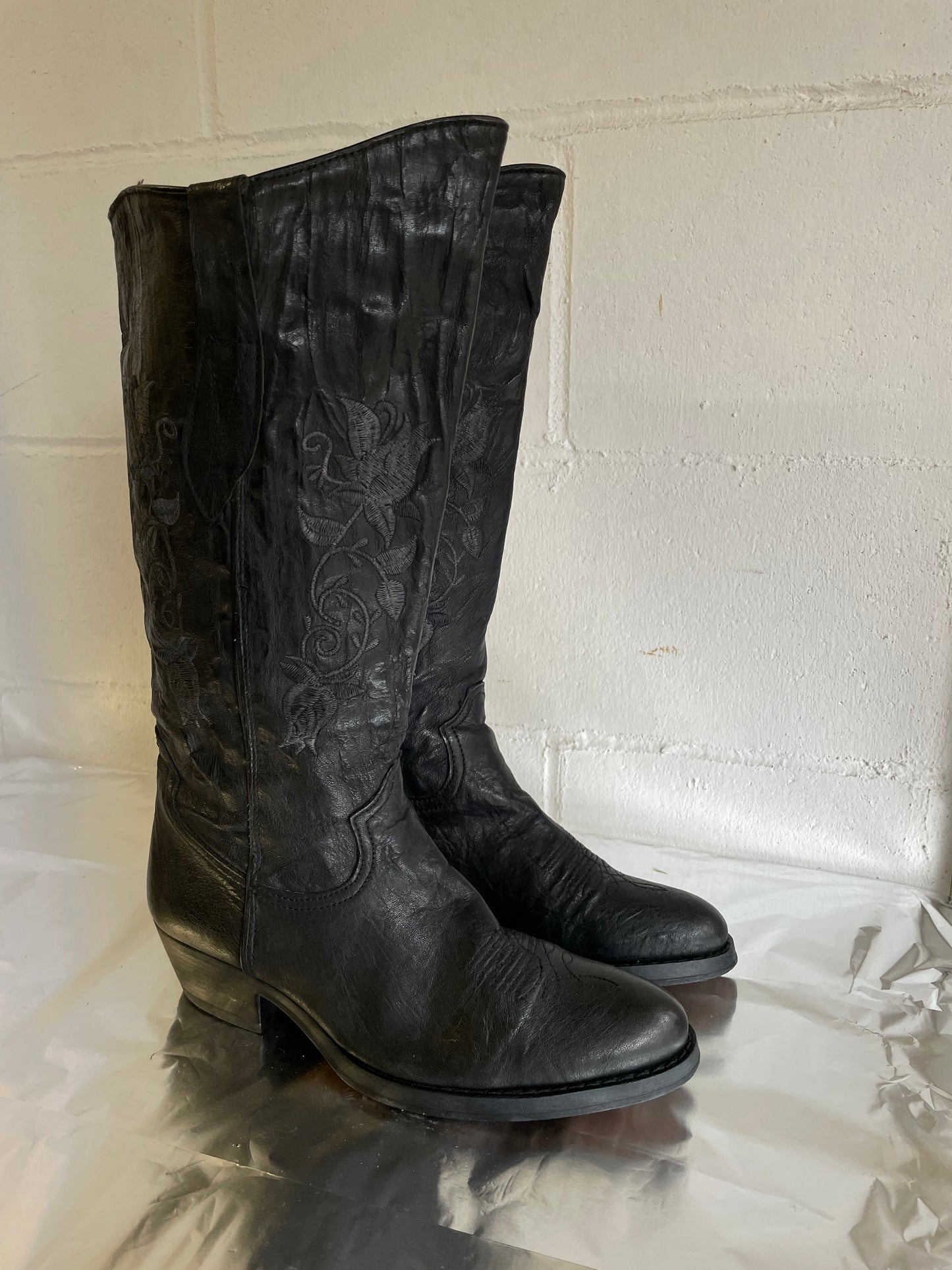 EU 41 - Texano vintage alto, vera pelle, punta arrotondata, tacco basso