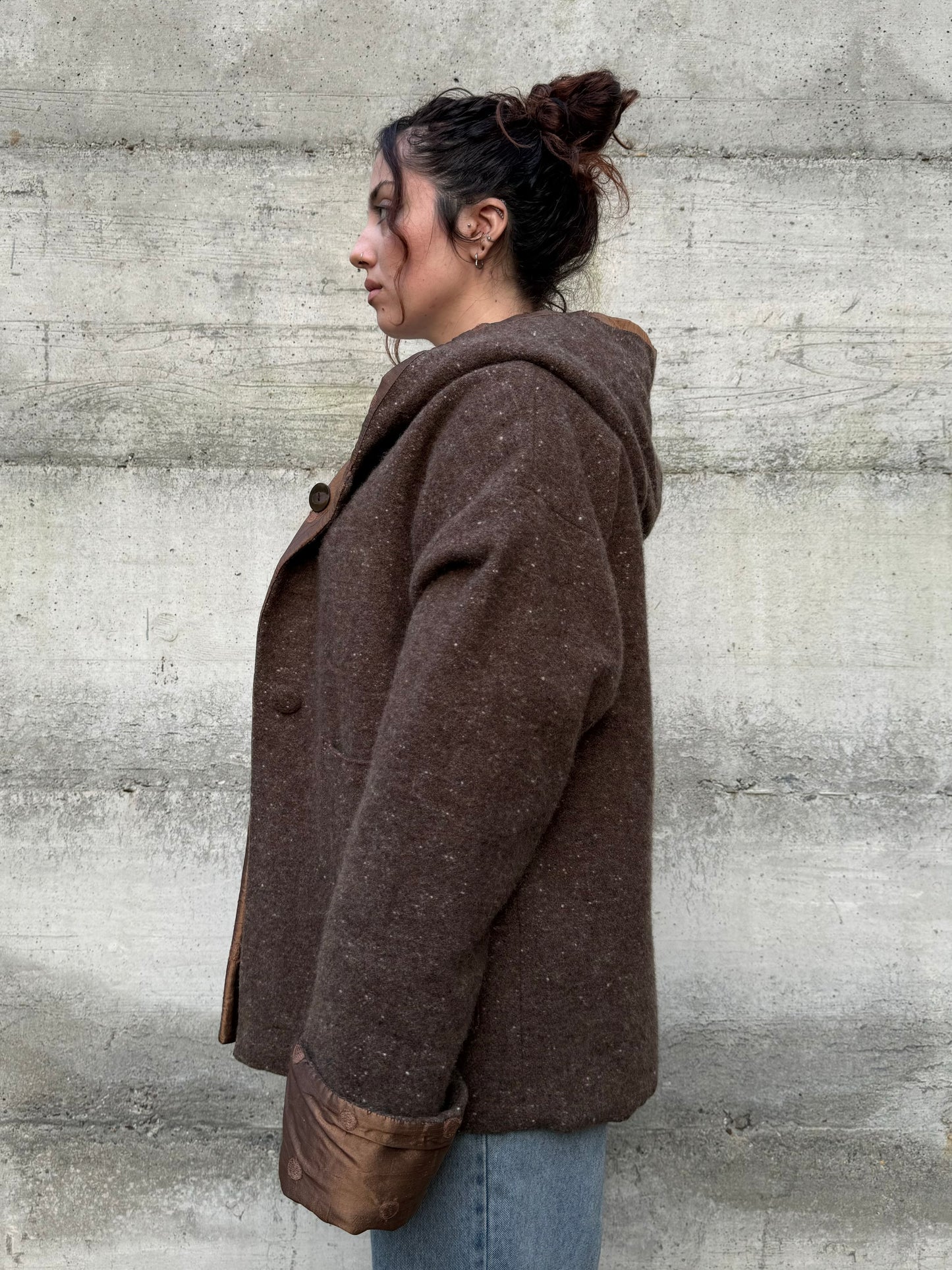 Piumino doubleface con cappuccio, shantung di seta e misto lana/mohair