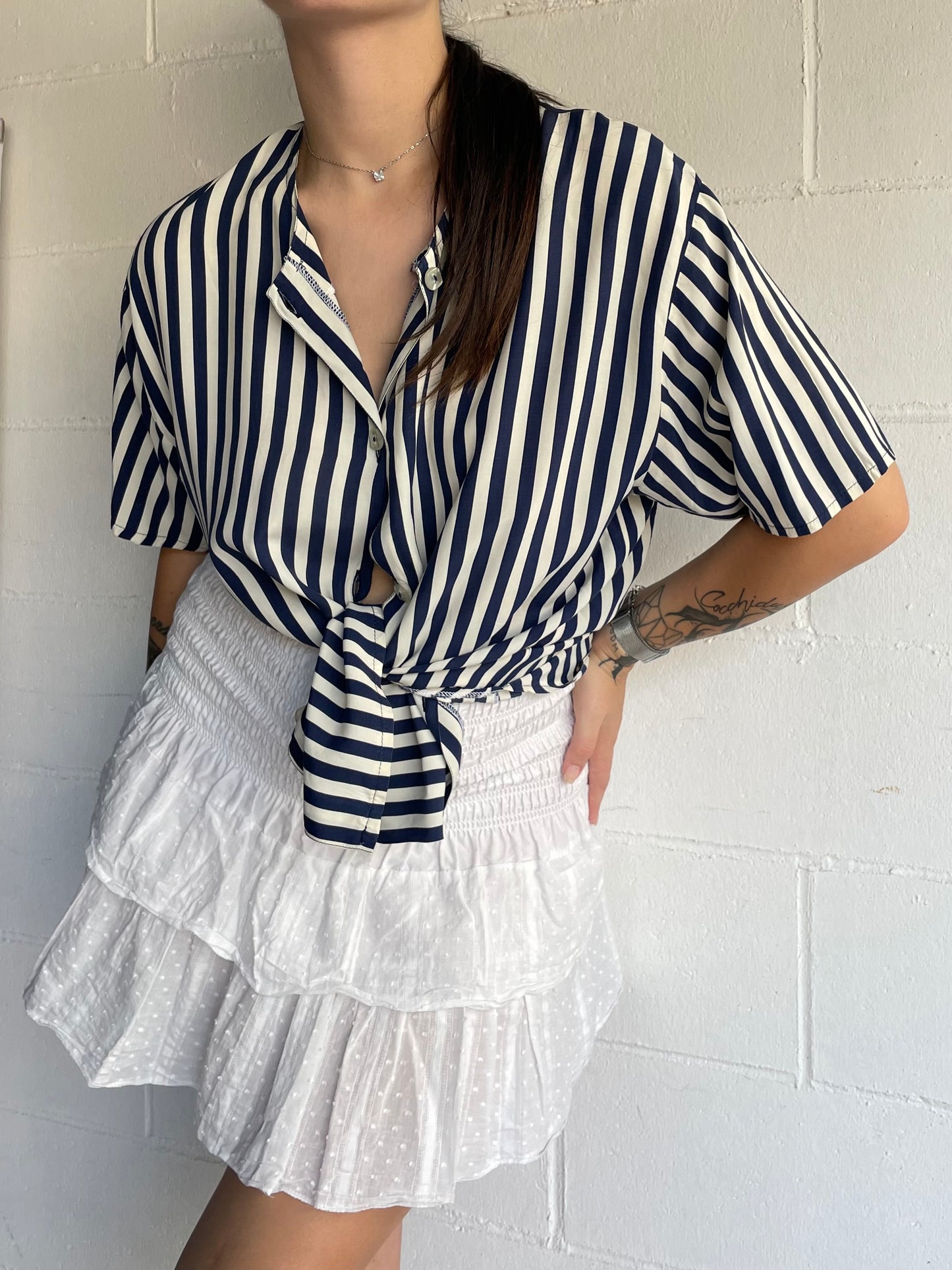 Camicetta sartoriale a righe bianca e blu, 100% viscosa, taglia L