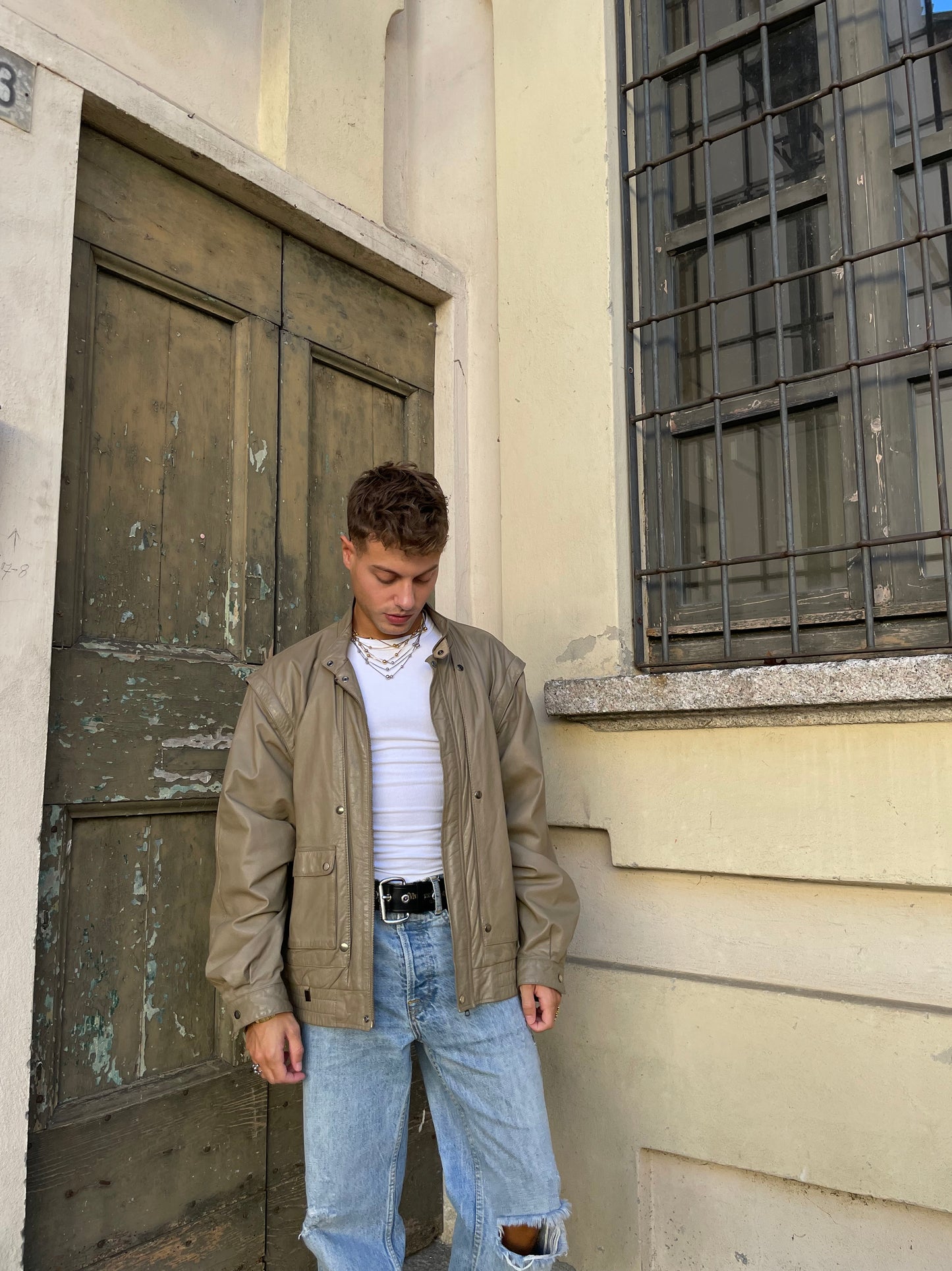 Bomber smanicabile vera pelle beige - M uomo