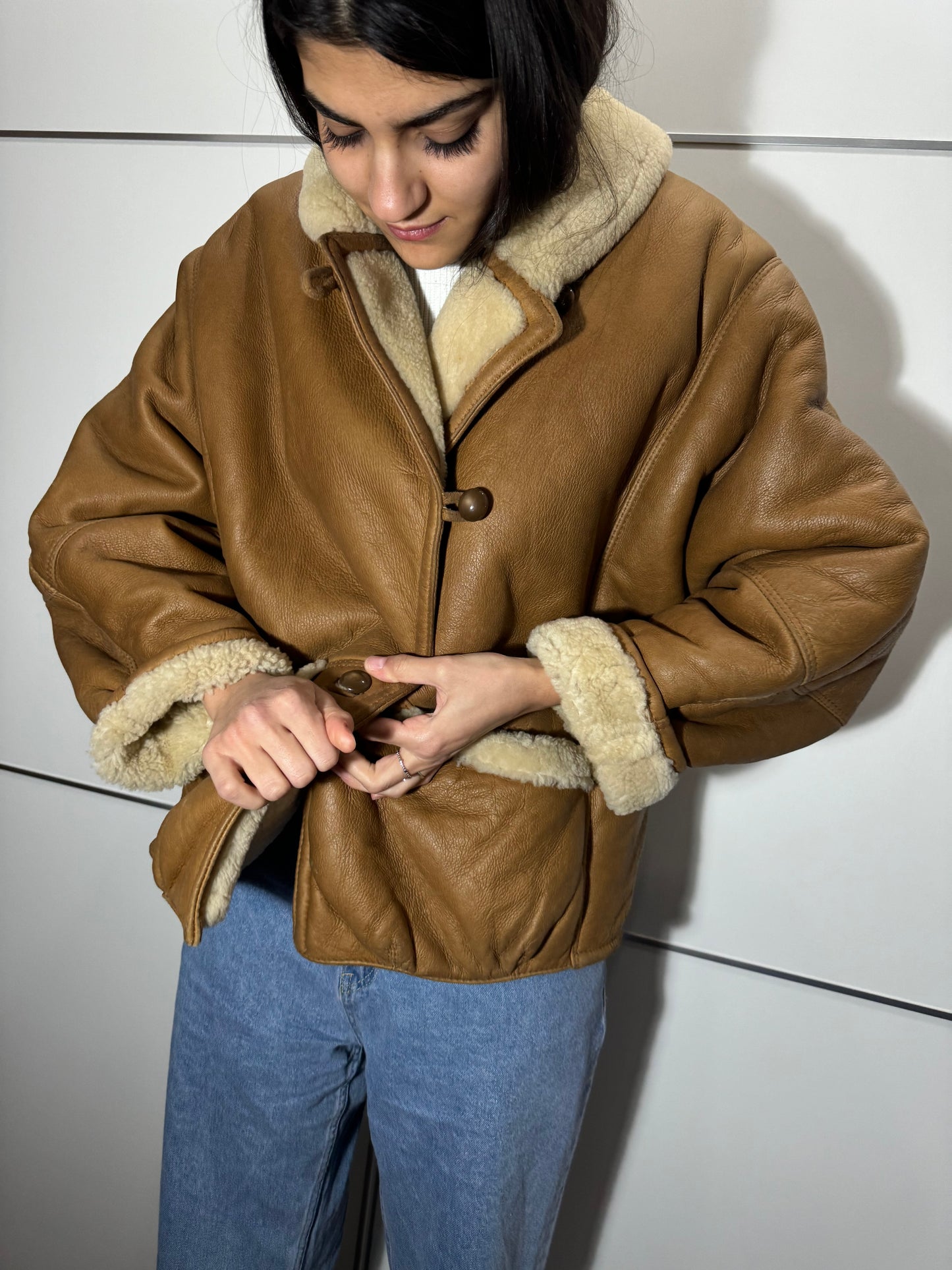 Montone aviator originale Shearling in pelle caramello, rara taglia piccola da donna