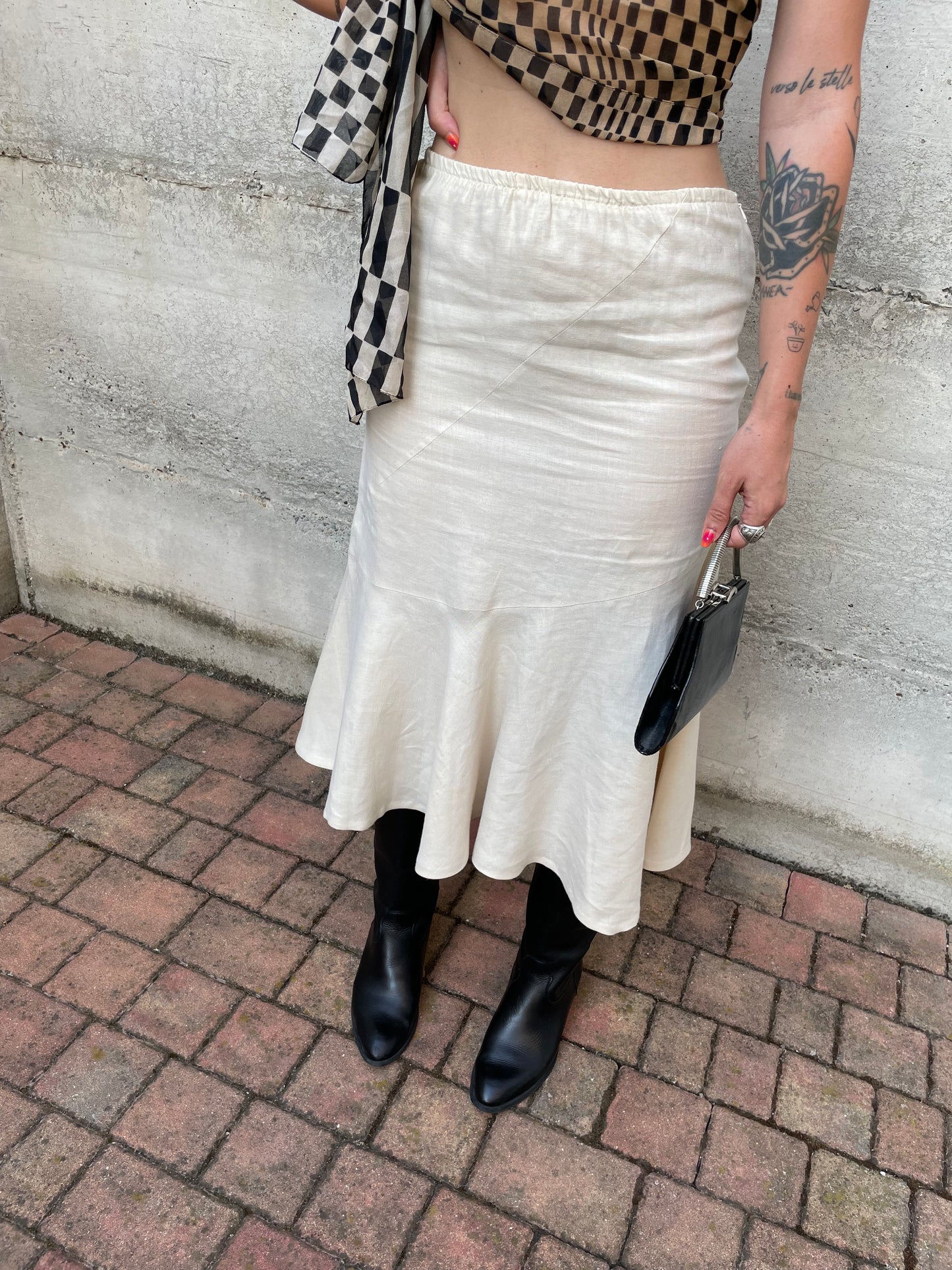 Gonna Y2K midi burro 100% lino, sartoriale Made in Italy, taglia 40it