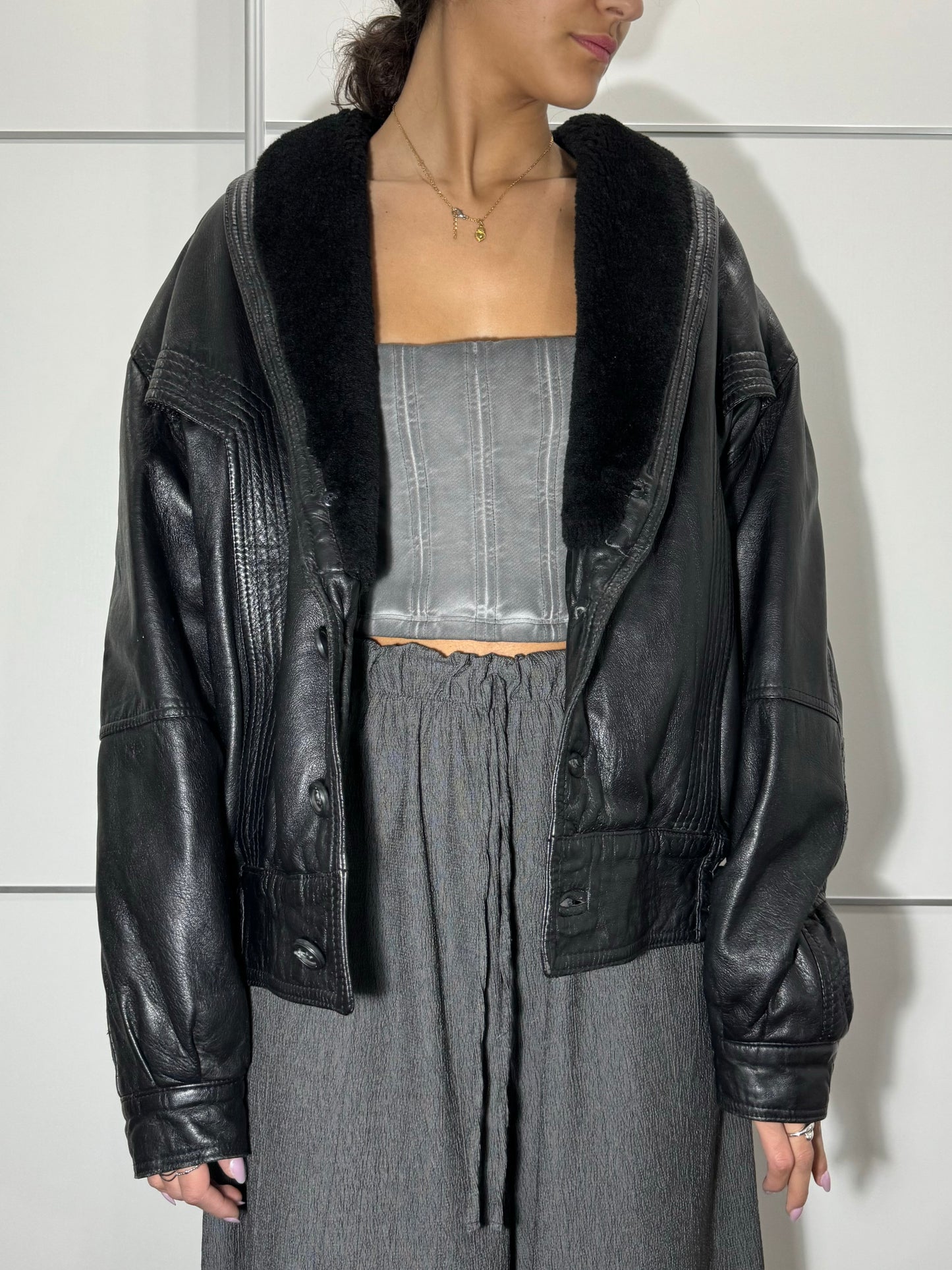 Bomber in vera pelle trapuntato con rever in montone, taglia 48it uomo