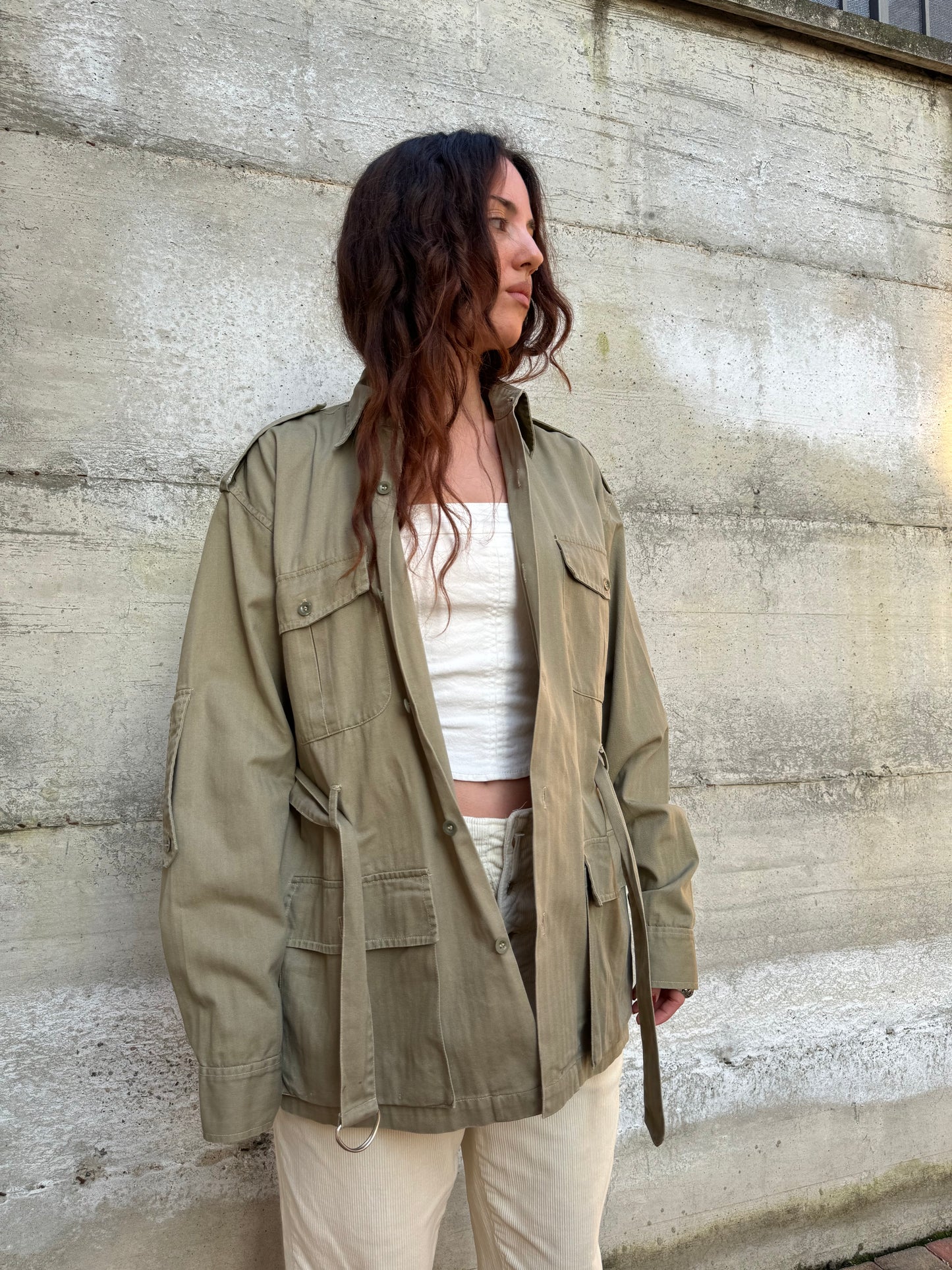 Overshirt cargo cachi in cotone, con cintura