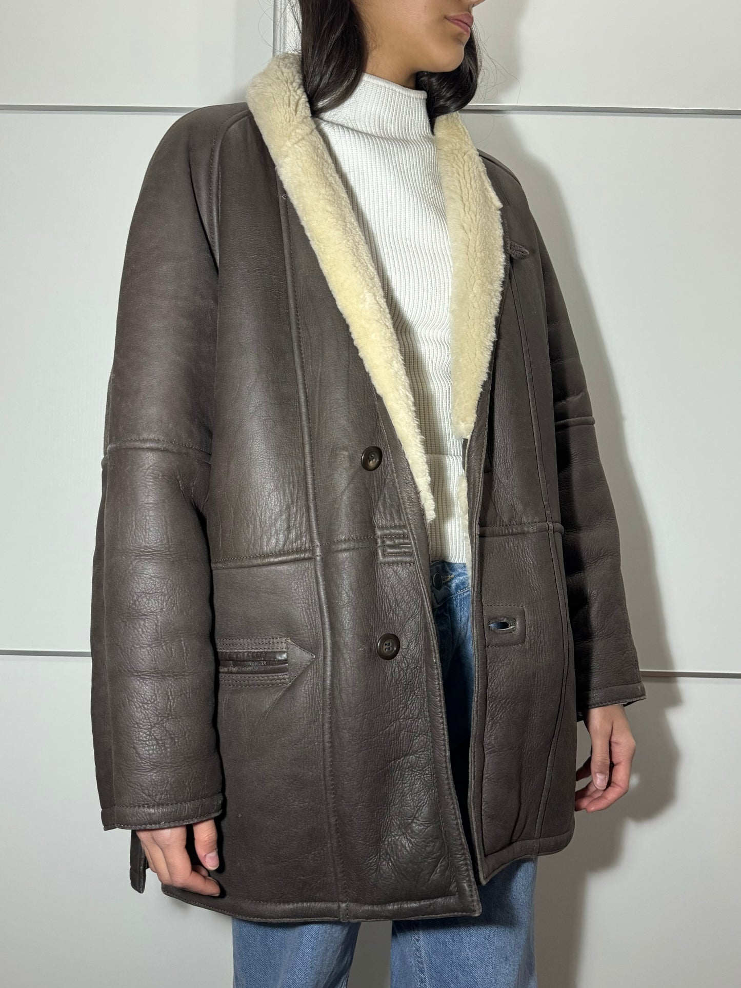 Montone originale Shearling in pelle testa di moro, taglia M uomo
