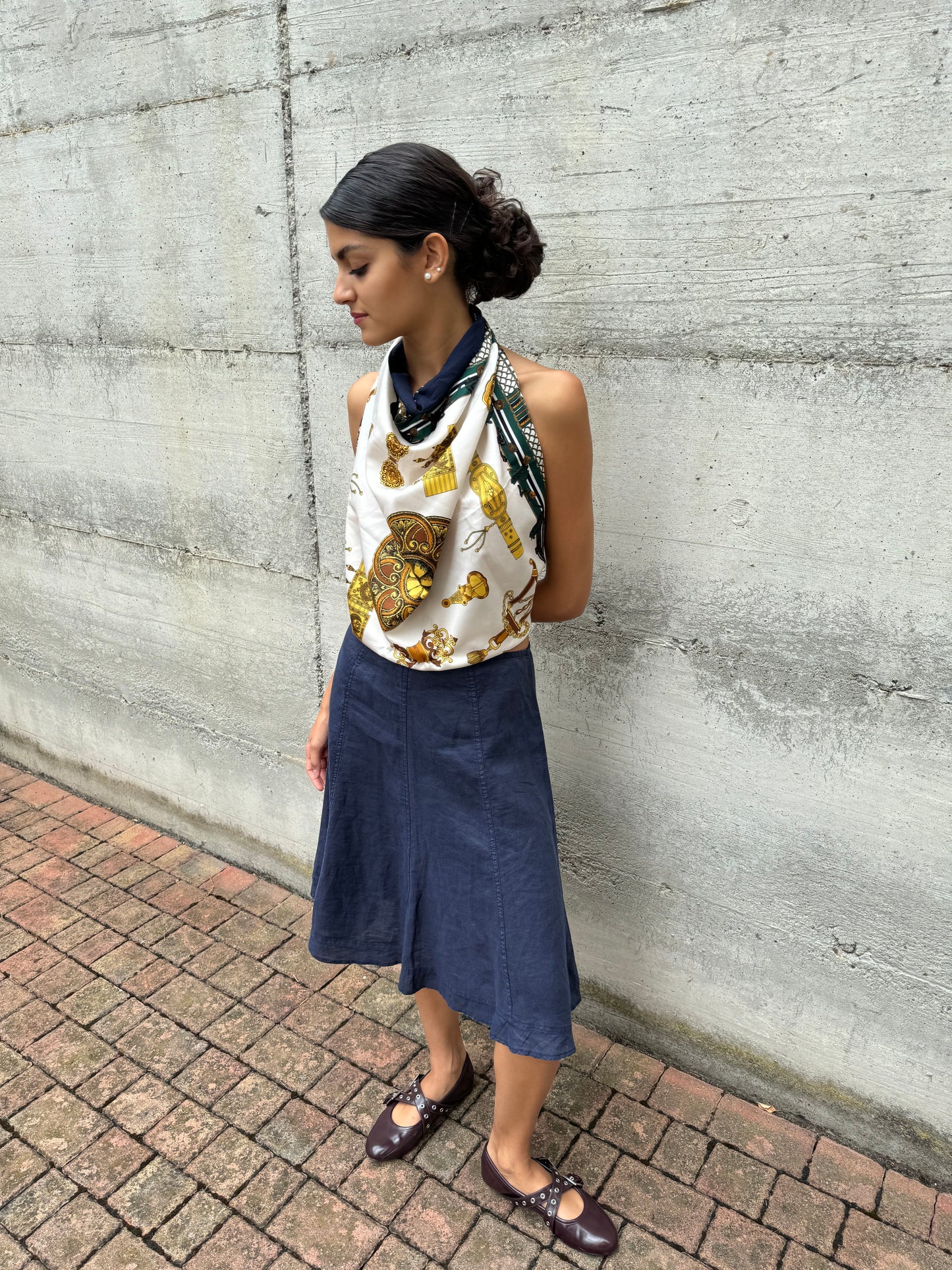 Gonna sartoriale midi a ruota 100% lino, taglia M