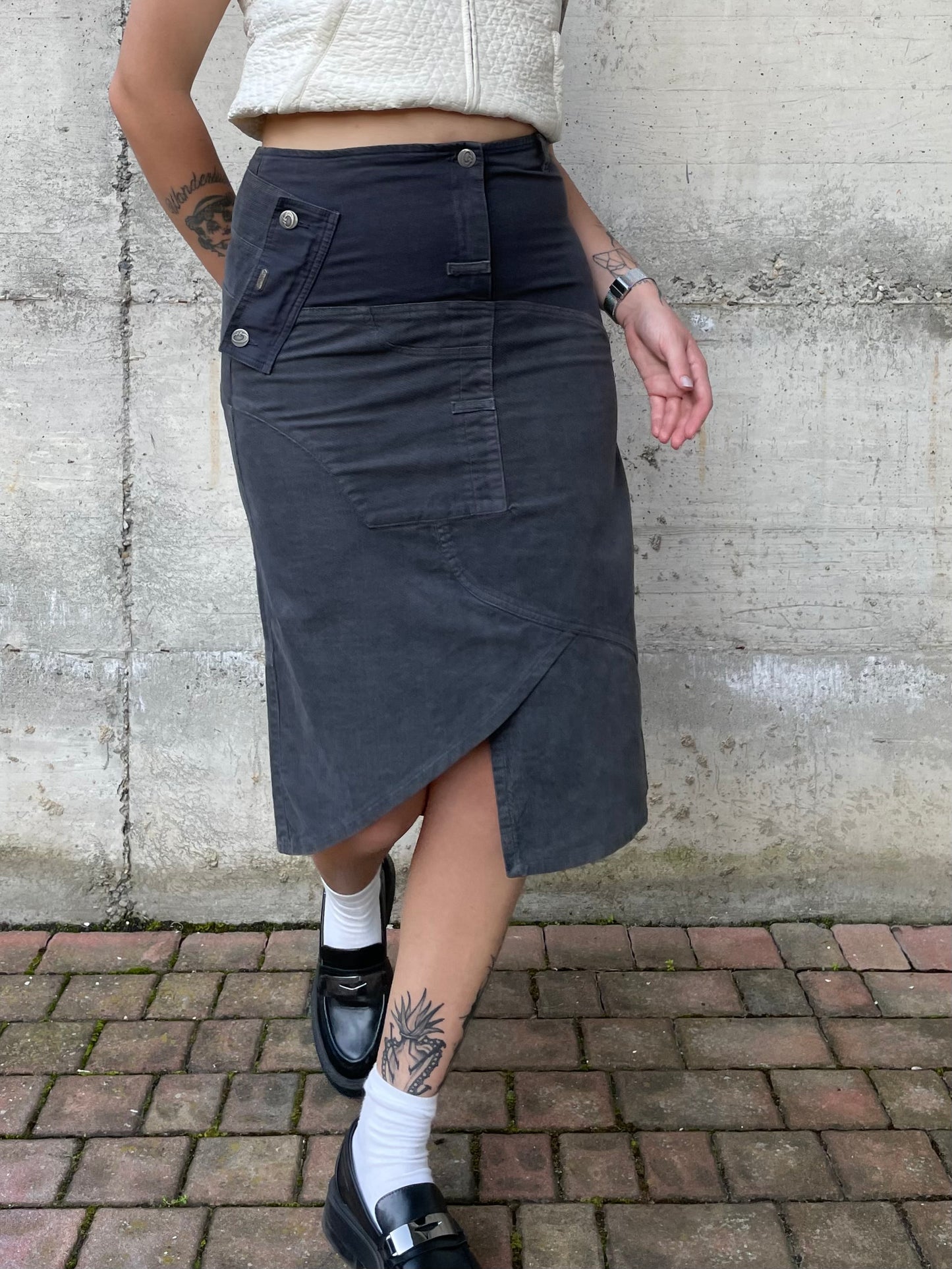 Gonna cargo midi denim 100% cotone - grigio/blu - S