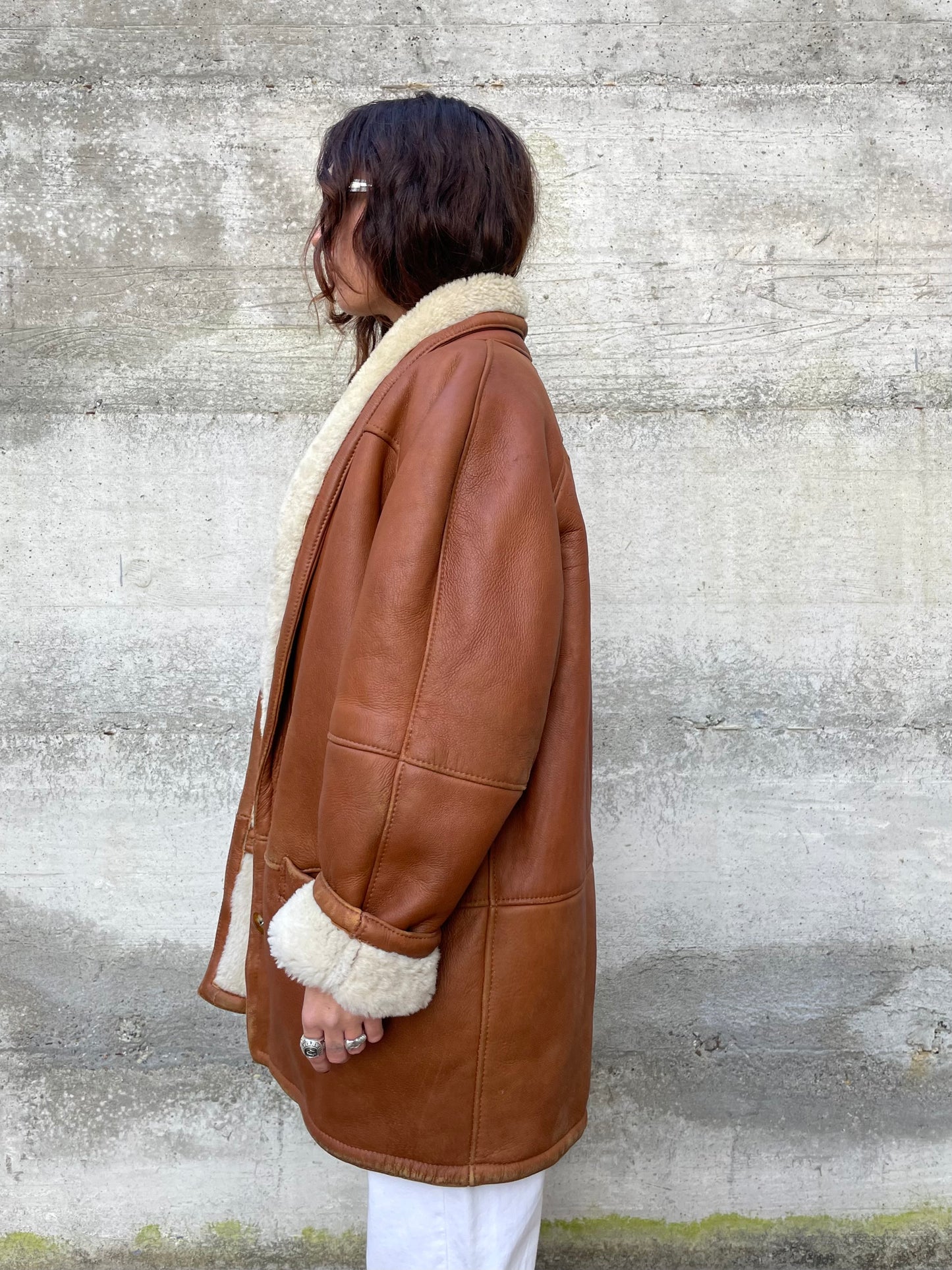 Montone Shearling originale a pelo bianco con esterno in pelle rame, taglia 48it donna