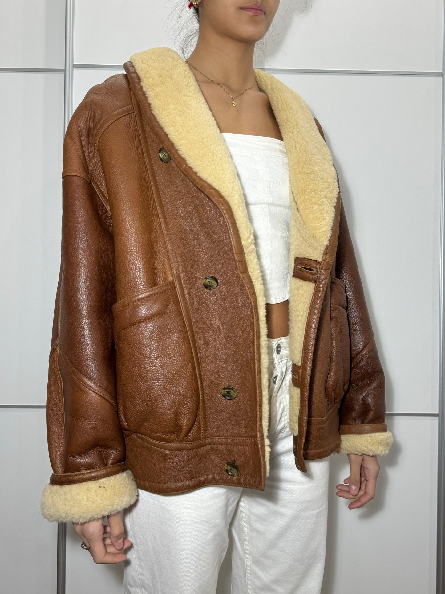 Montone Shearling originale esterno in pelle e interno a pelo raso burro, taglia 50it uomo