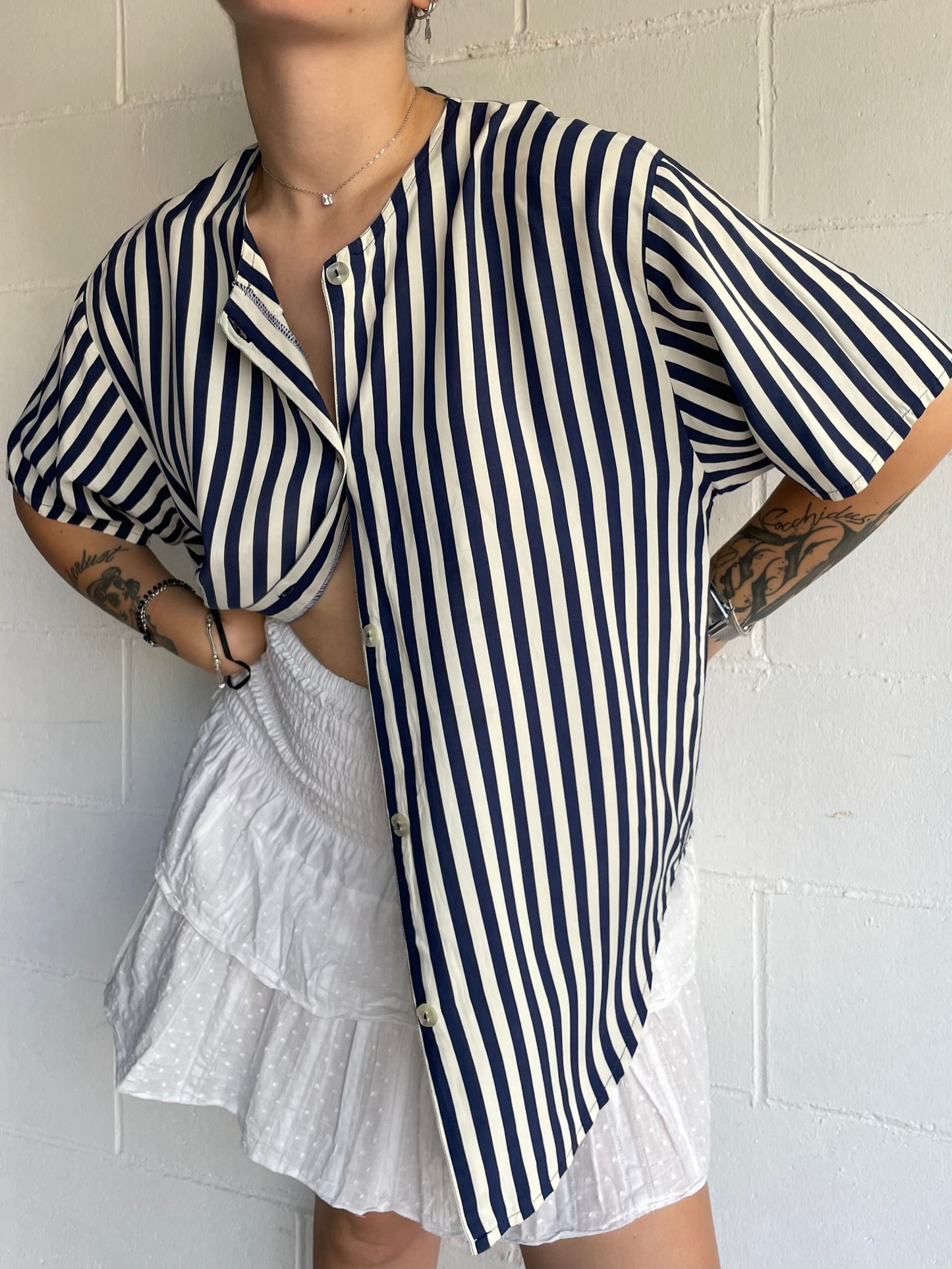 Camicetta sartoriale a righe bianca e blu, 100% viscosa, taglia L