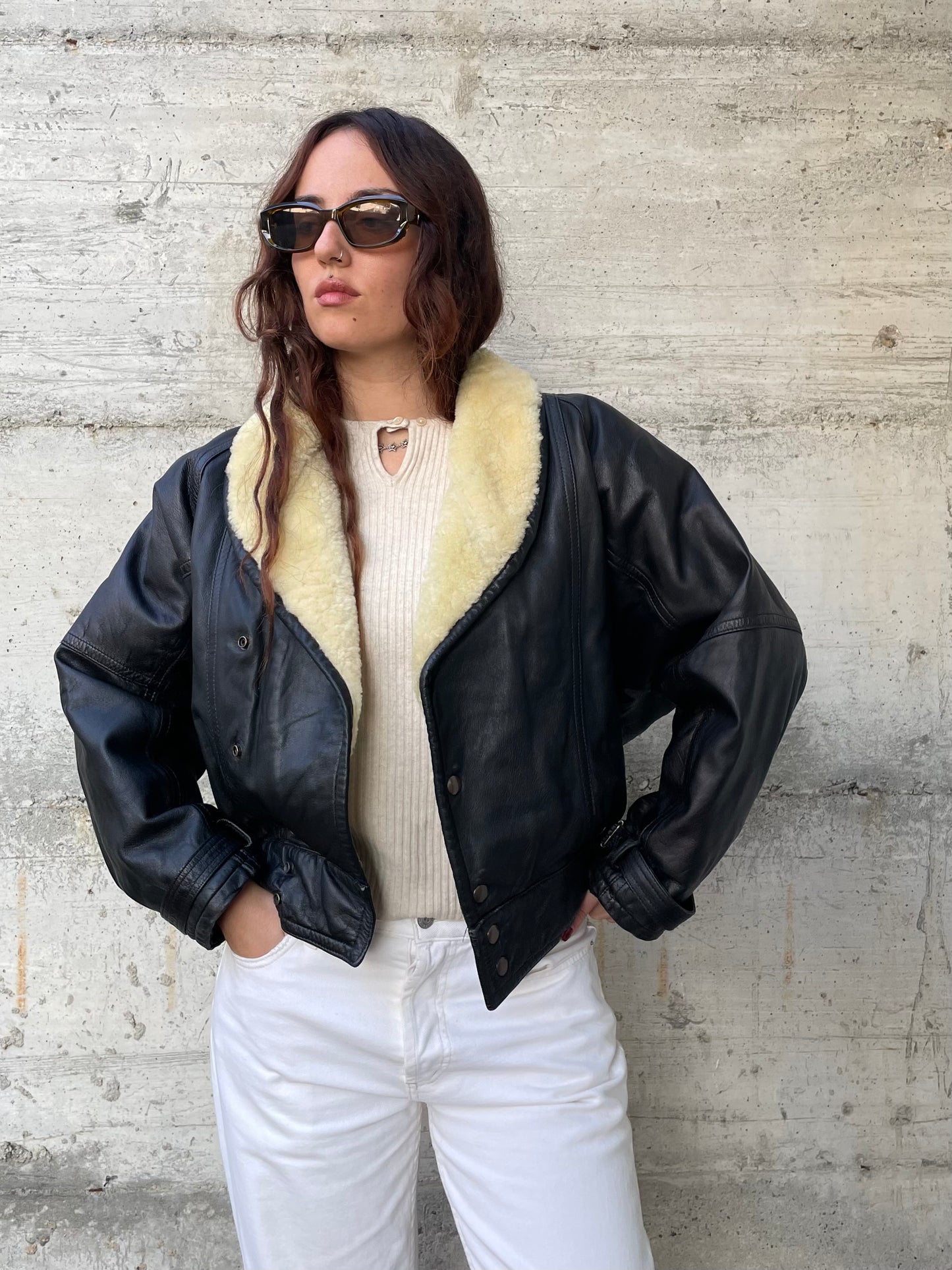 Bomber imbottito in vera pelle nero con collo Shearling burro, rara taglia S uomo