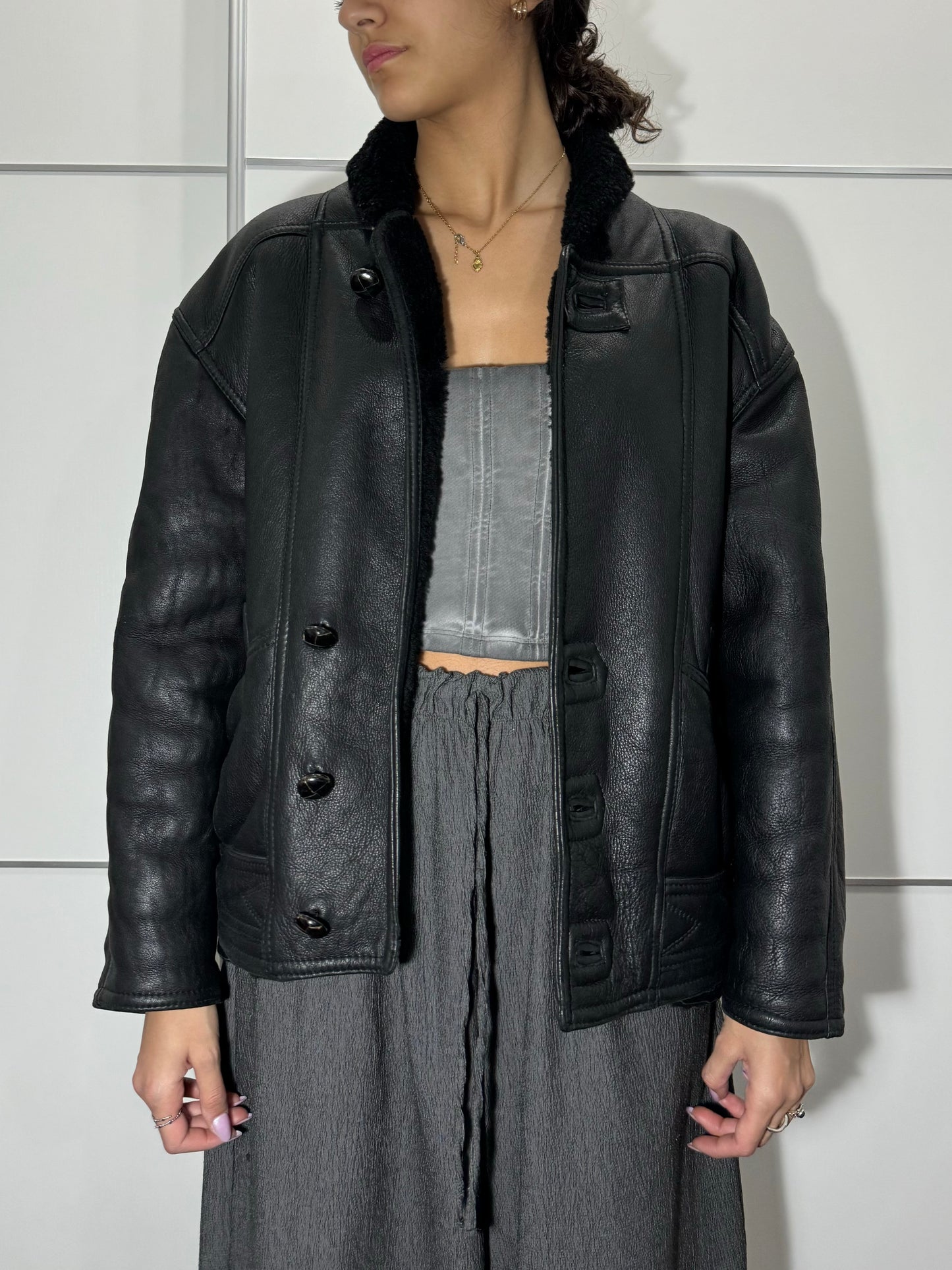 Bomber in montone Shearling nero, taglia 48it uomo