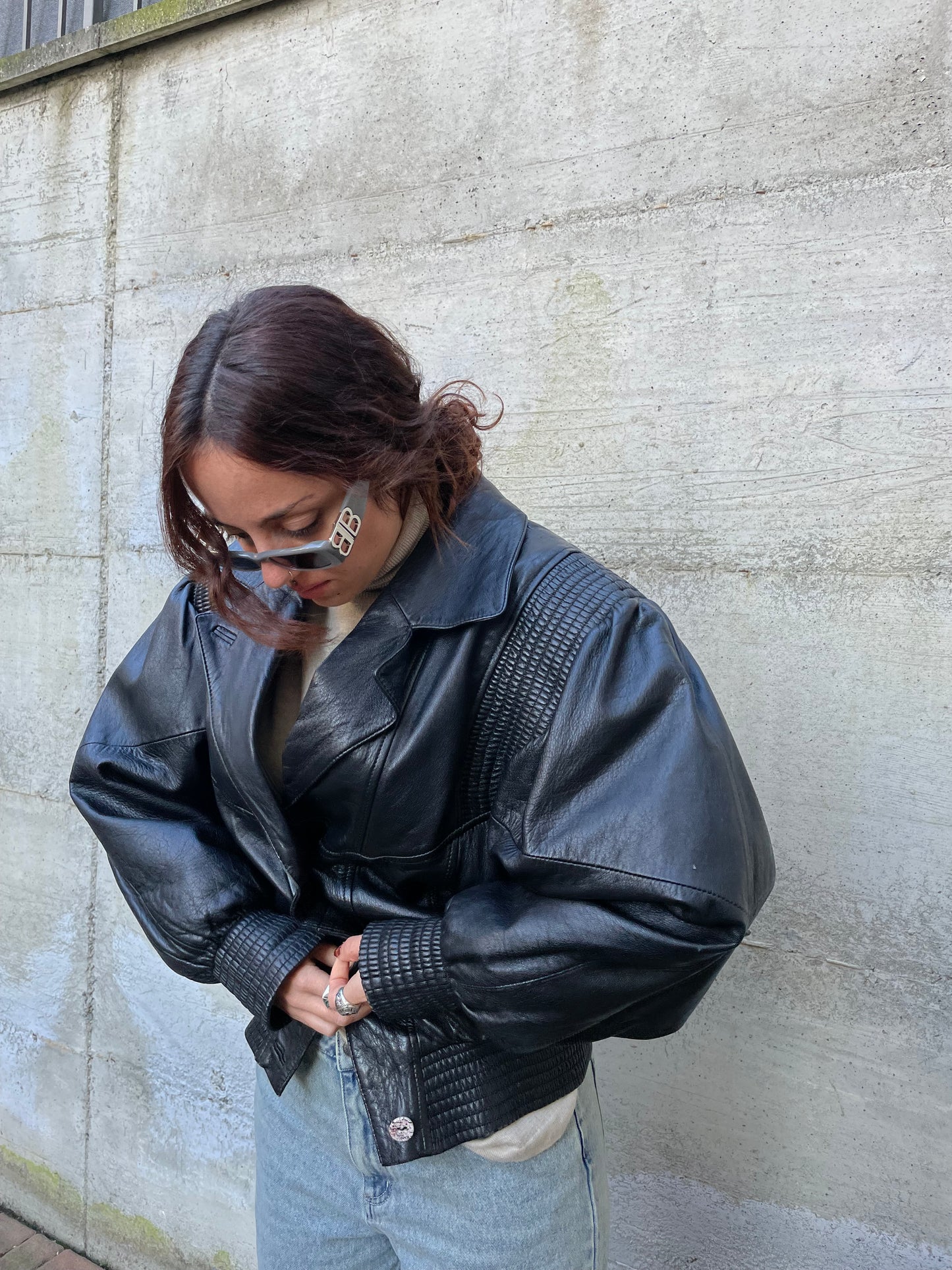 Bomber 80s lavorato in vera pelle nero