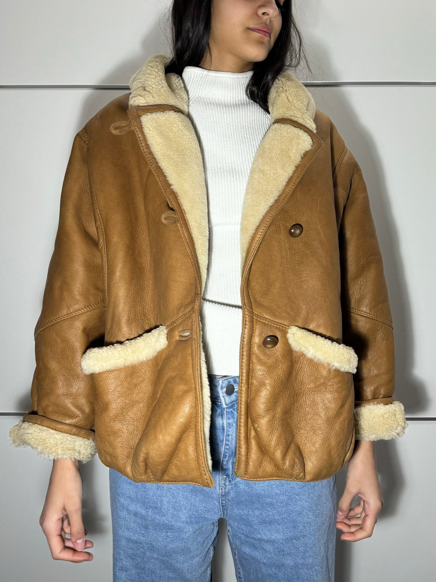 Montone aviator originale Shearling in pelle caramello, rara taglia piccola da donna