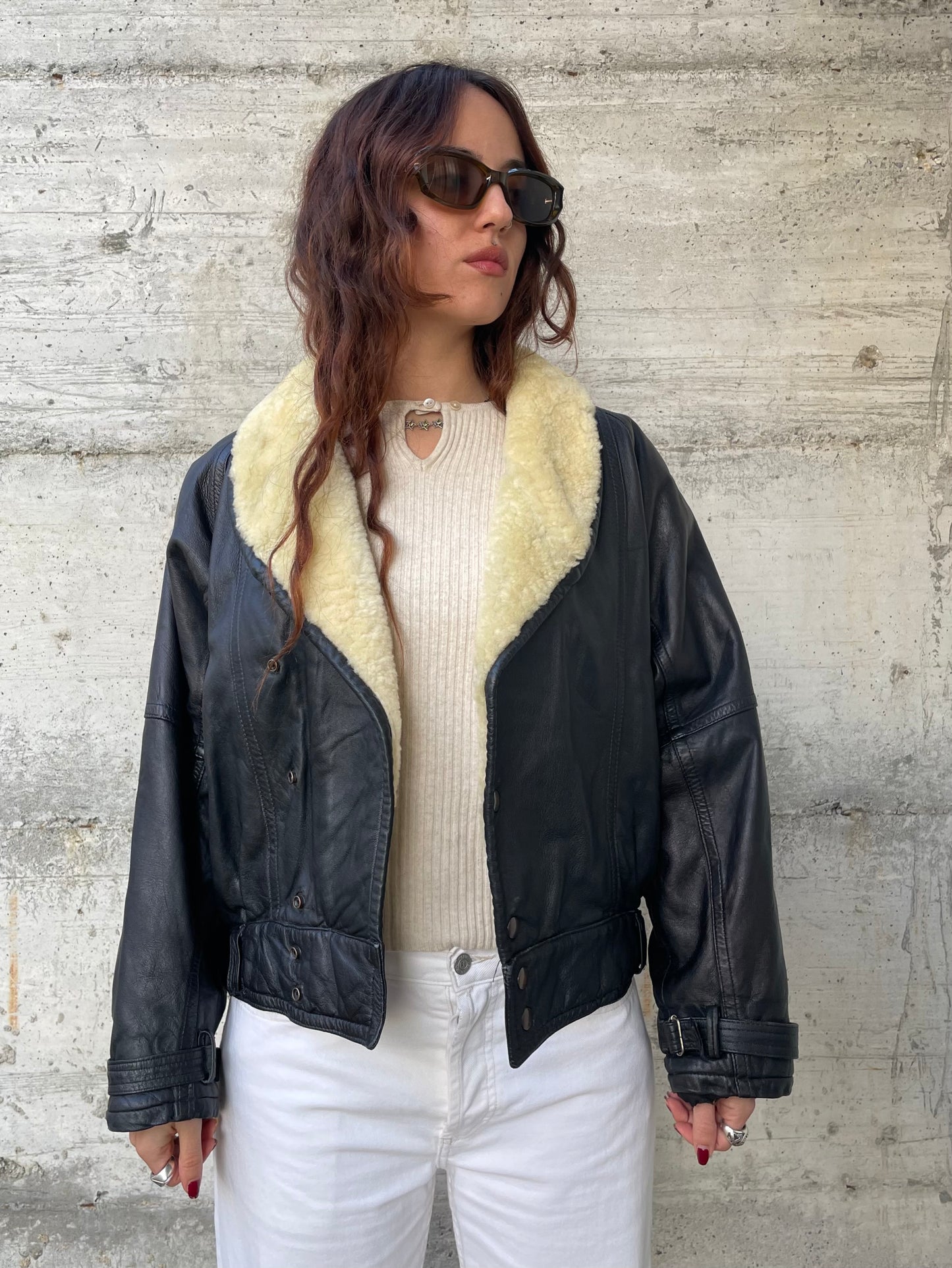 Bomber imbottito in vera pelle nero con collo Shearling burro, rara taglia S uomo