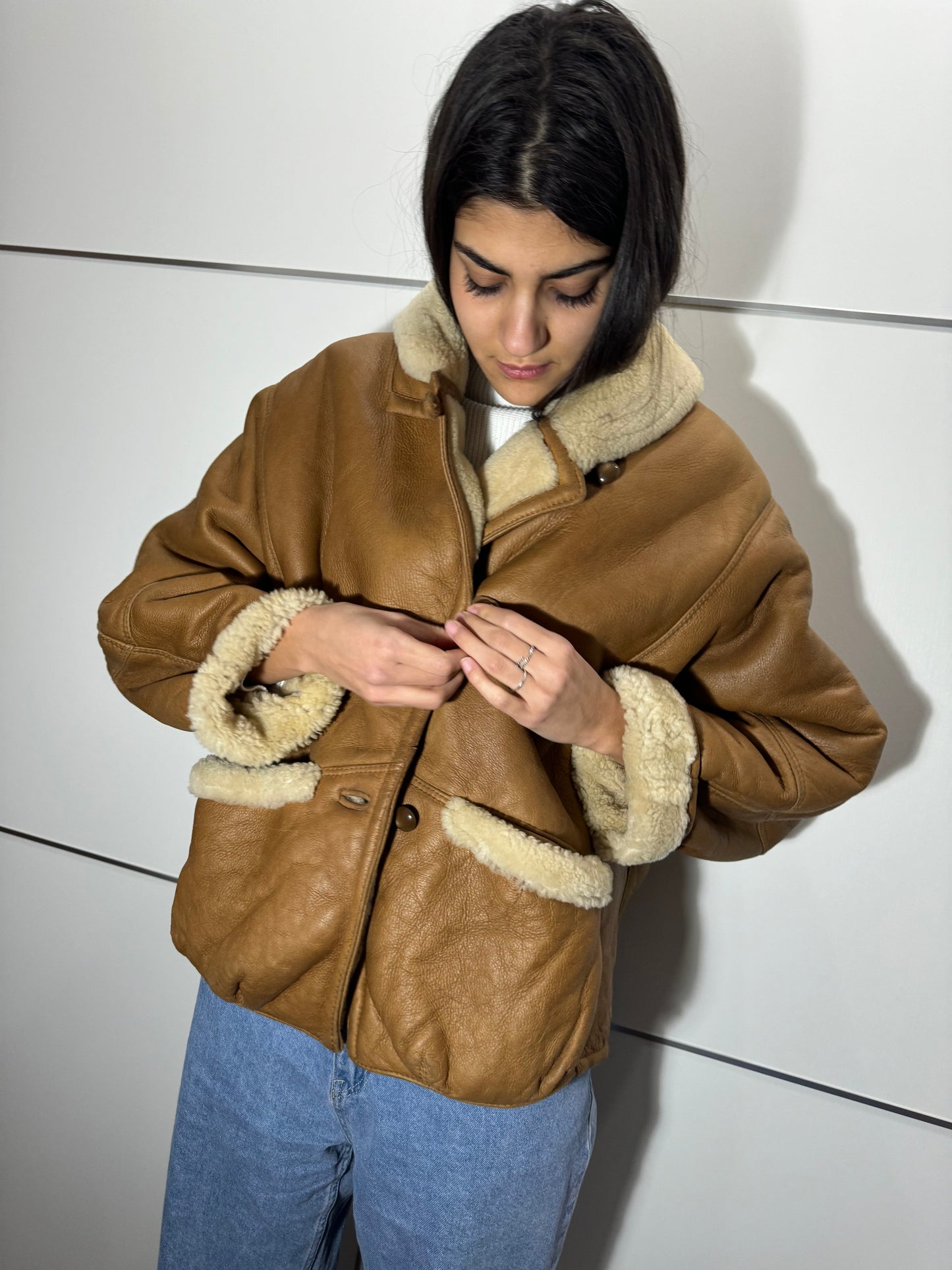 Montone aviator originale Shearling in pelle caramello, rara taglia piccola da donna