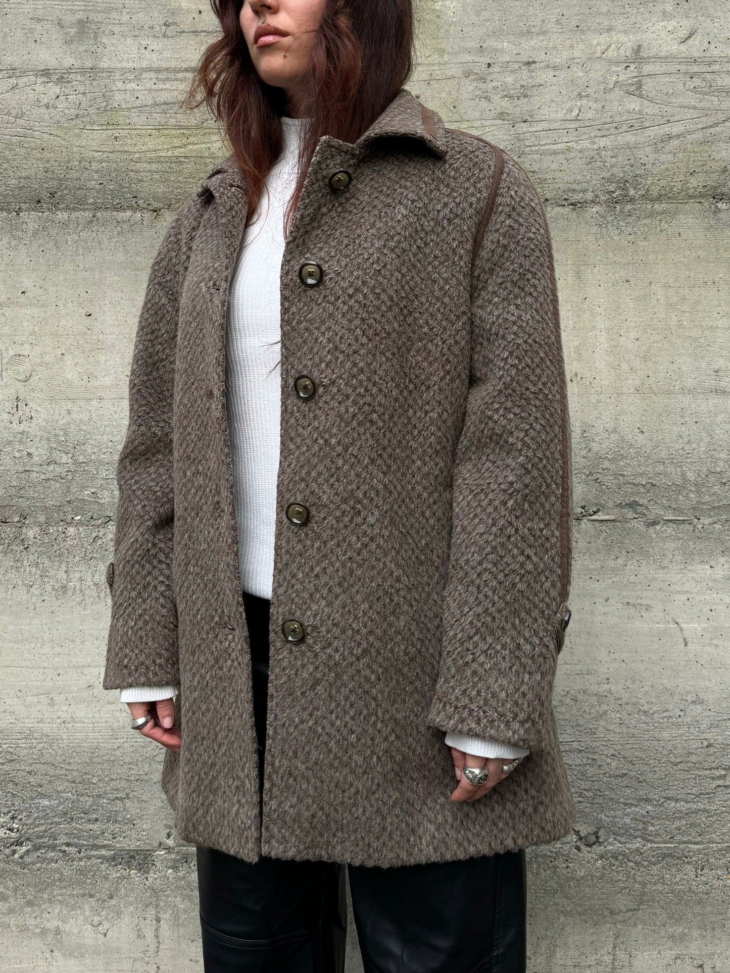 Cappottino Loden spigato color fango, misto lana e alpaca