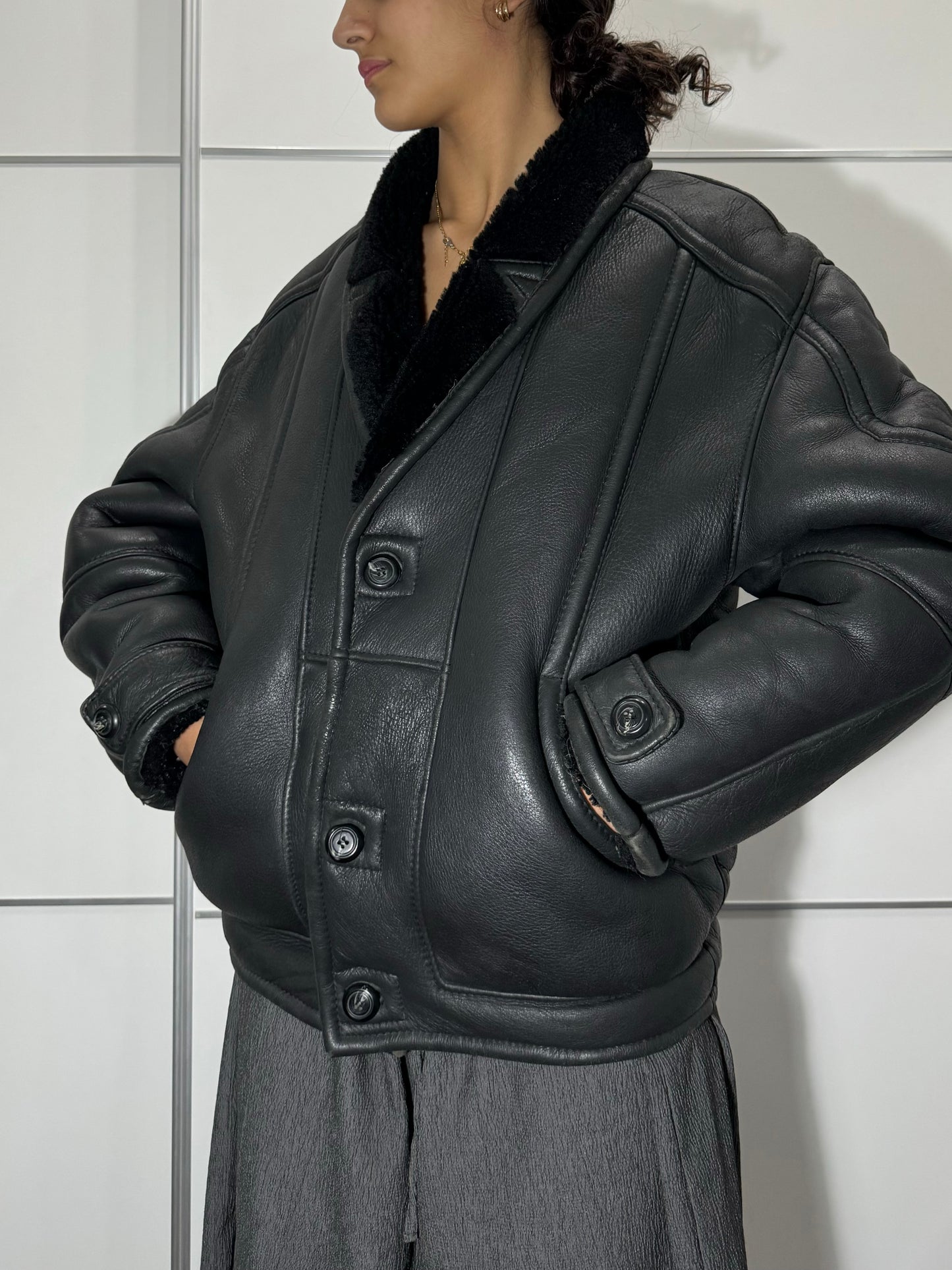 Bomber in montone Shearling nero, taglia 48it uomo