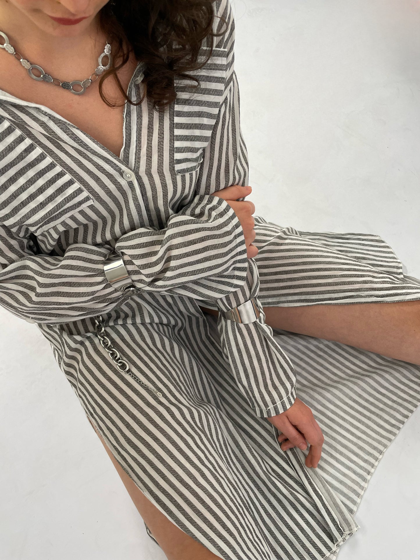 Maxi camicia lunghezza midi 100% cotone - righe bianco e grigio - taglia unica