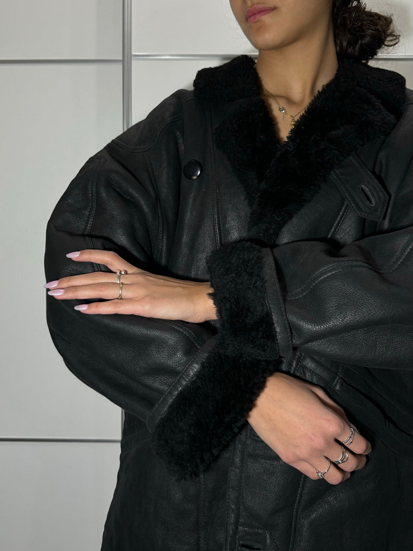 Montone Shearling in pelle nero, taglia 48it uomo