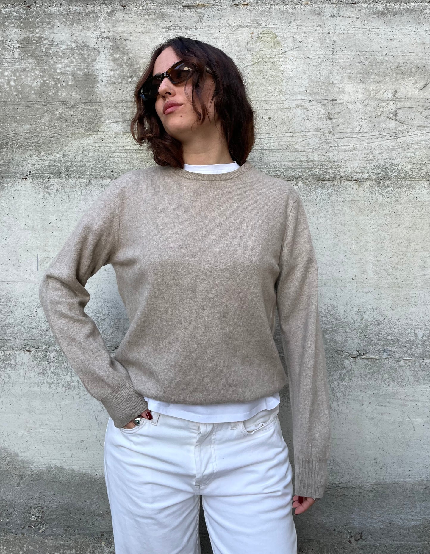 Maglioncino girocollo sabbia 100% cashmere