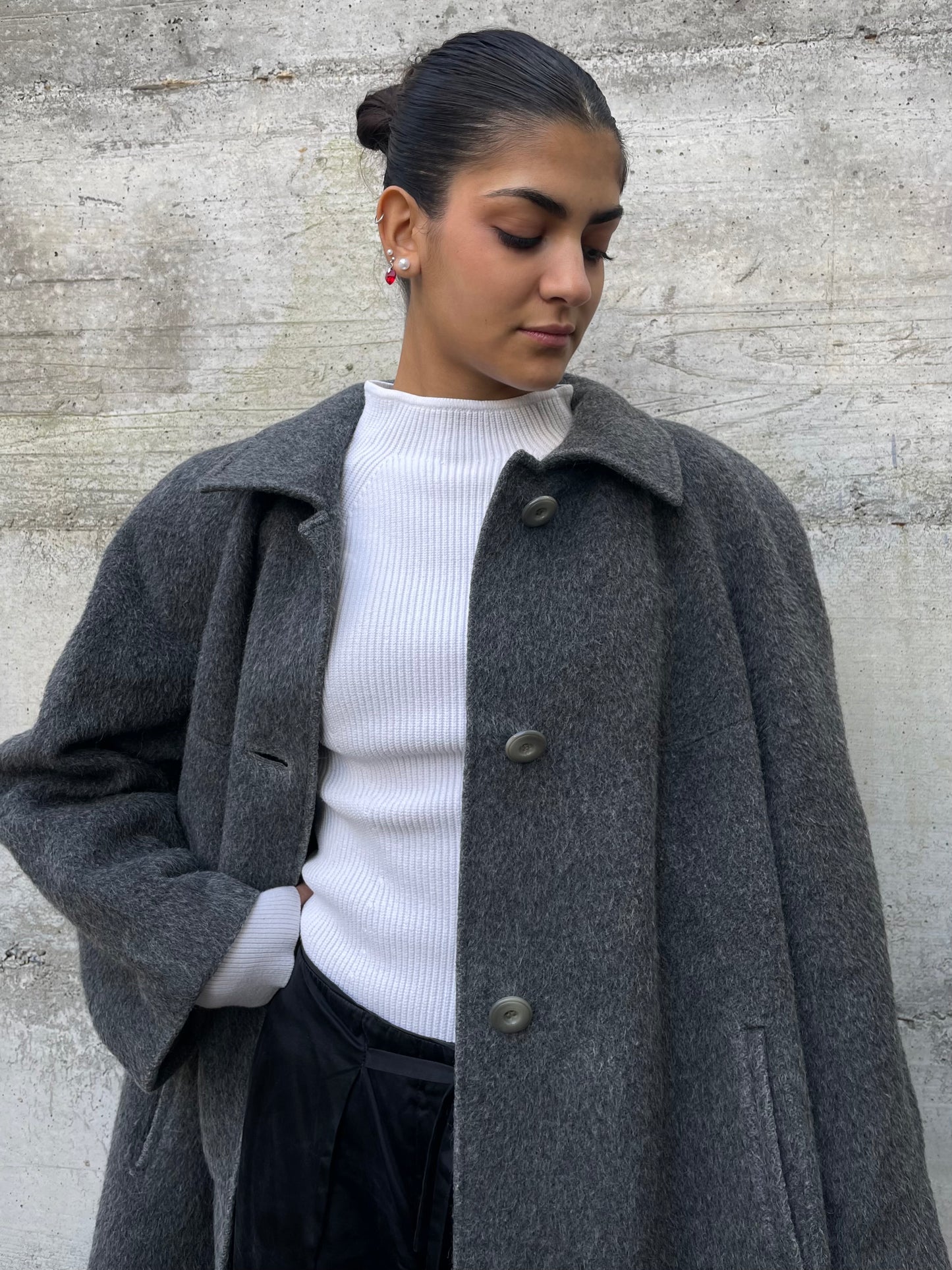 Cappotto sartoriale lungo monopetto, in misto lana e alpaca