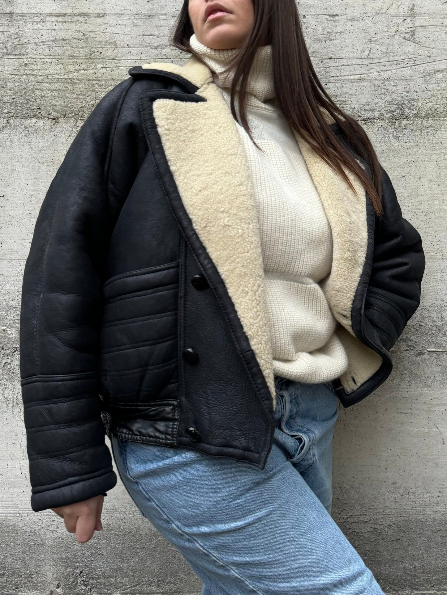 Bomber aviator Shearling nero, in rara taglia 46it uomo (XS)