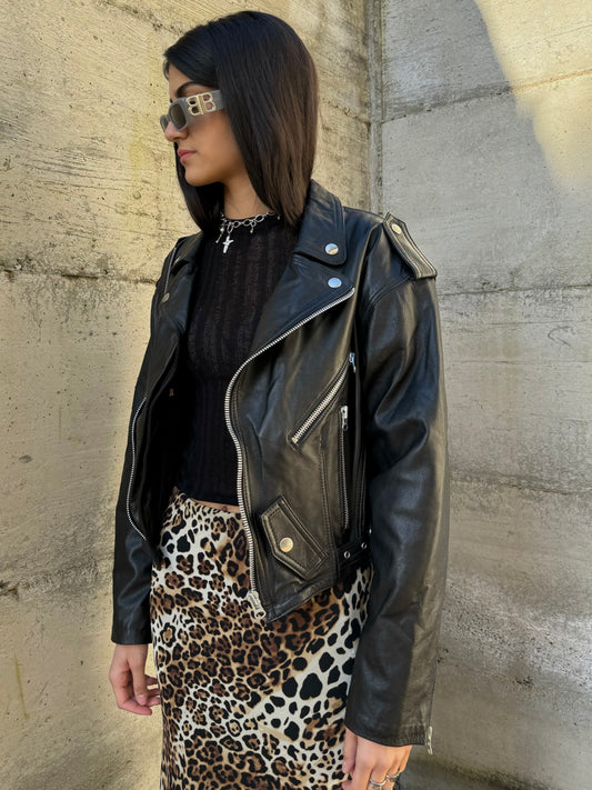 Chiodo crop in vera pelle nappata