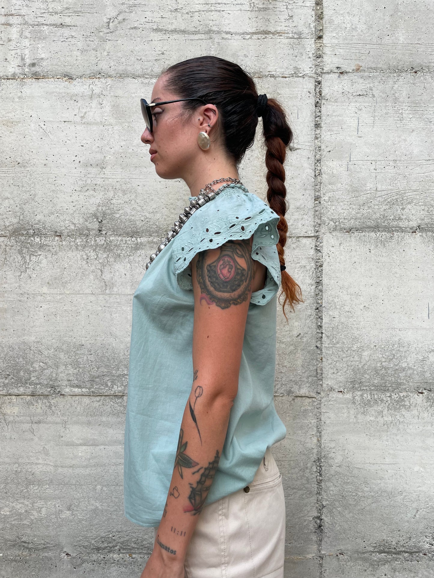 Top sangallo turchese, 100% cotone, taglia S