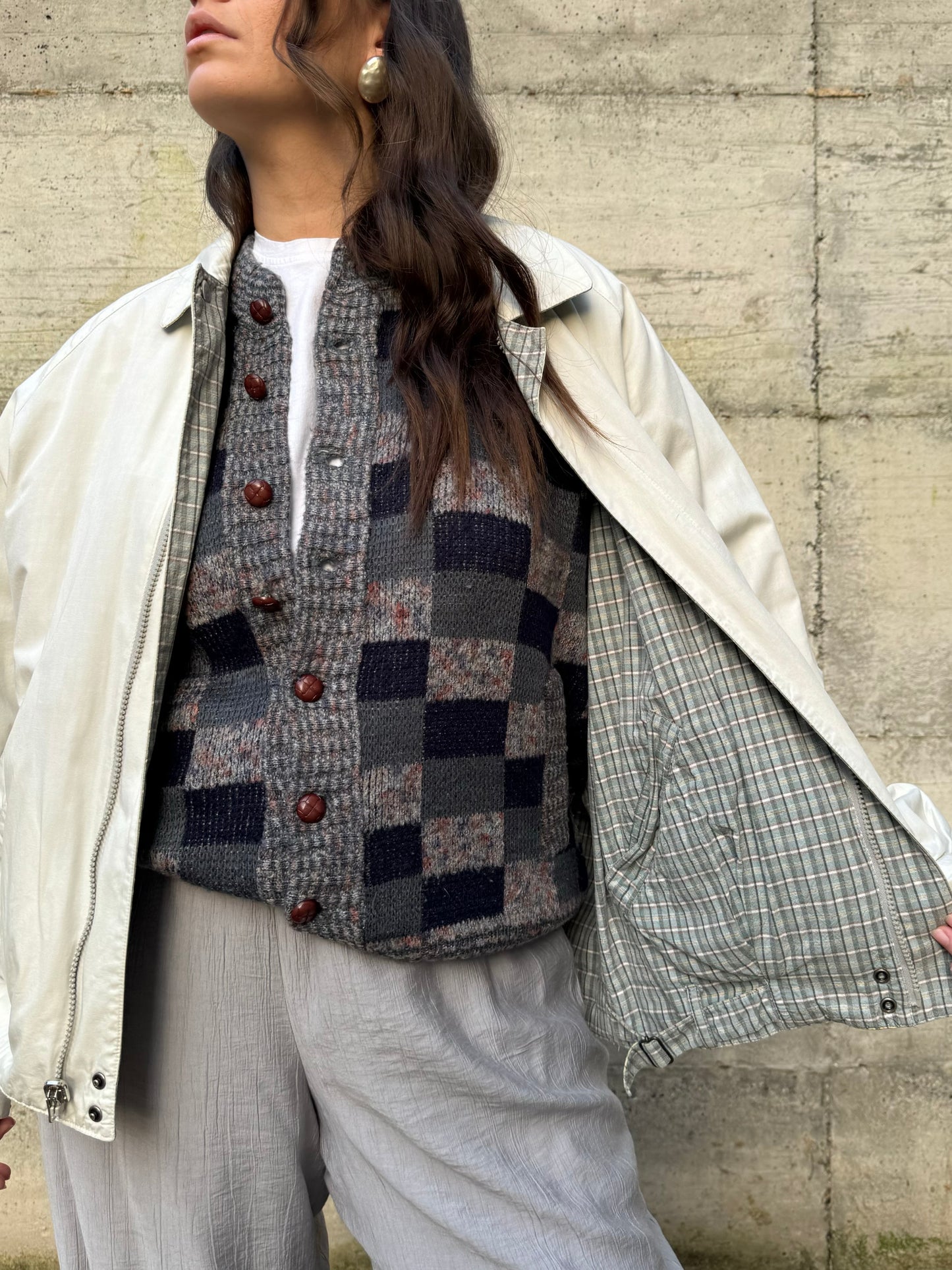 Bomber reversibile ghiaccio in 100% cotone, lato interno tartan sui toni del turchese