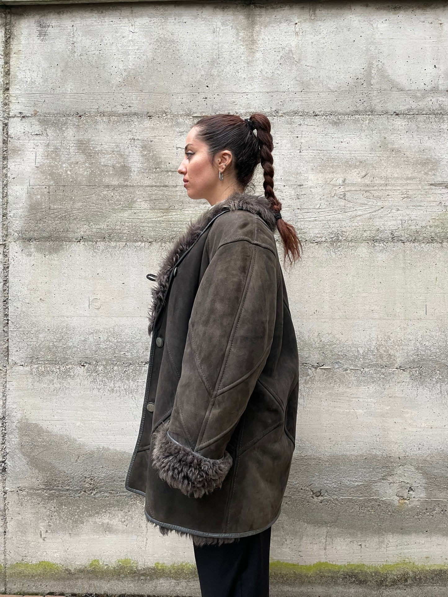 Montone originale Shearling a pelo lungo grigio topo