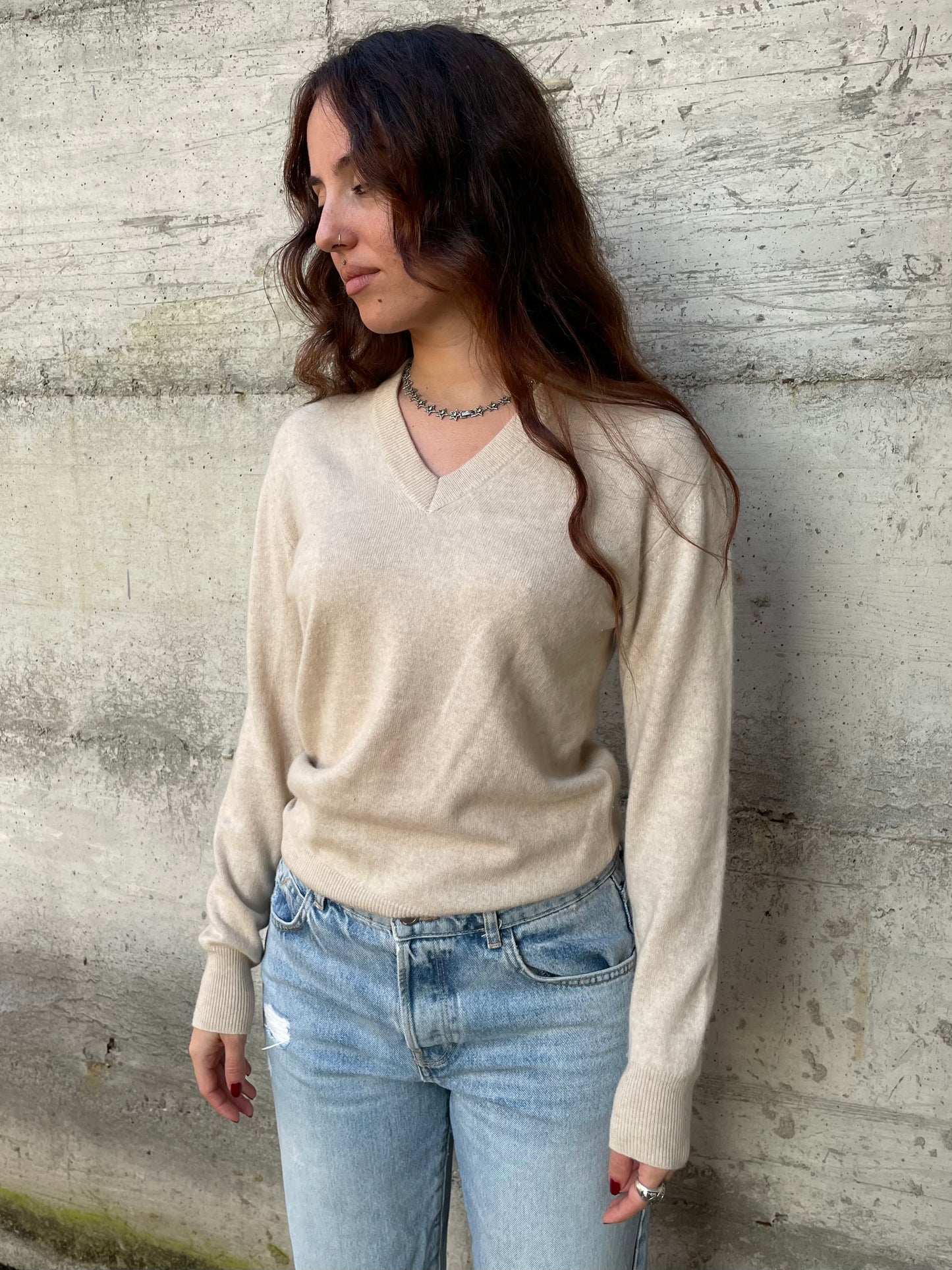 Maglioncino scollo a V sabbia 100% cashmere, taglia M