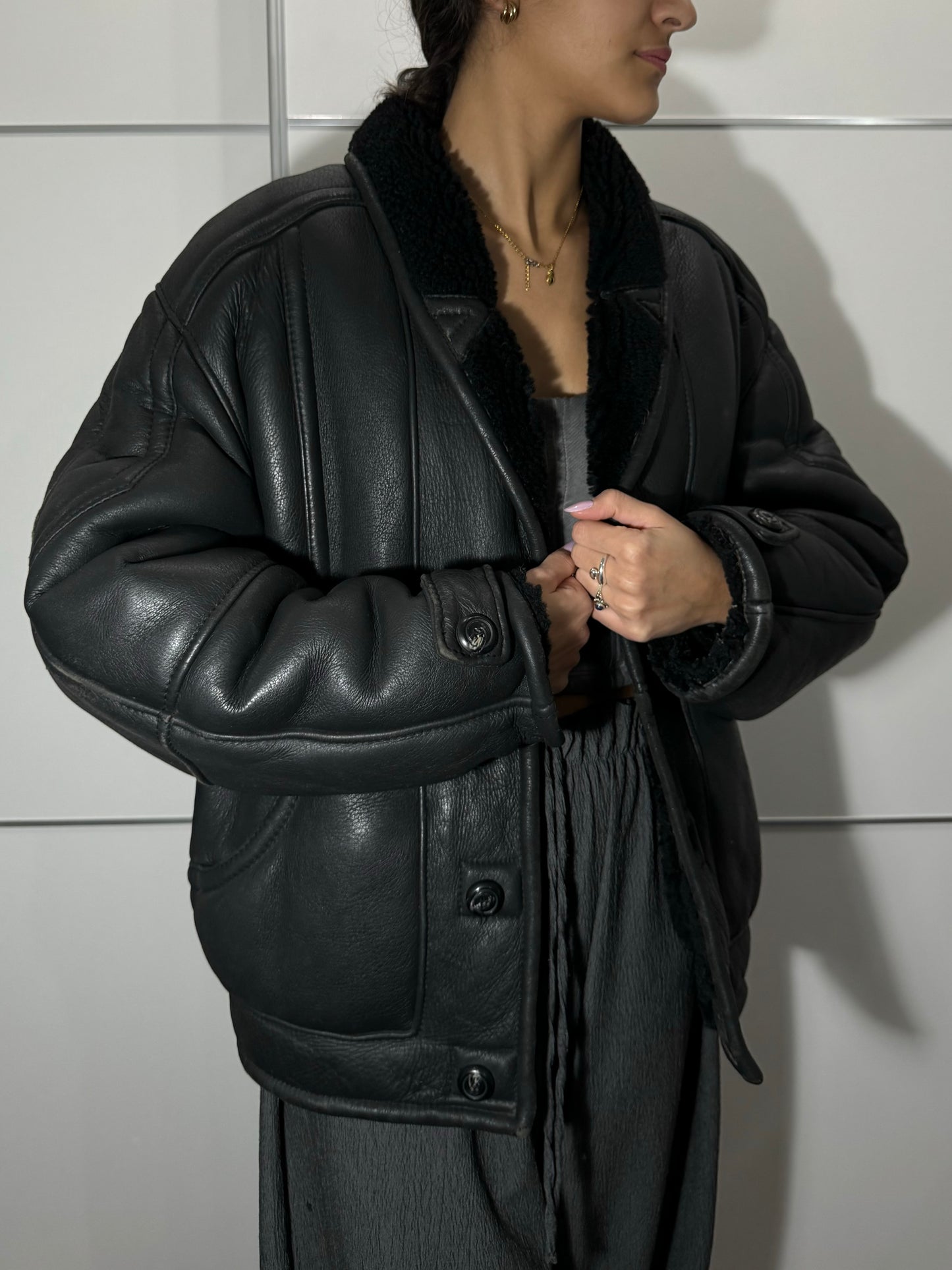 Bomber in montone Shearling nero, taglia 48it uomo