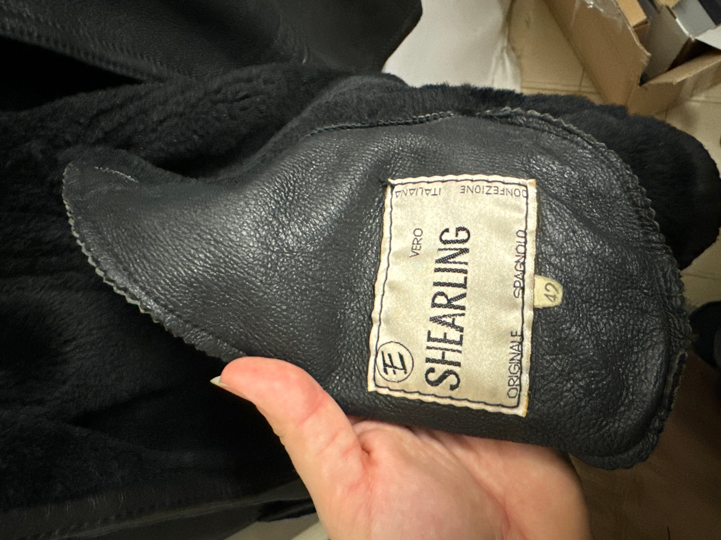 Montone originale Shearling in pelle nero, rara taglia piccola da donna