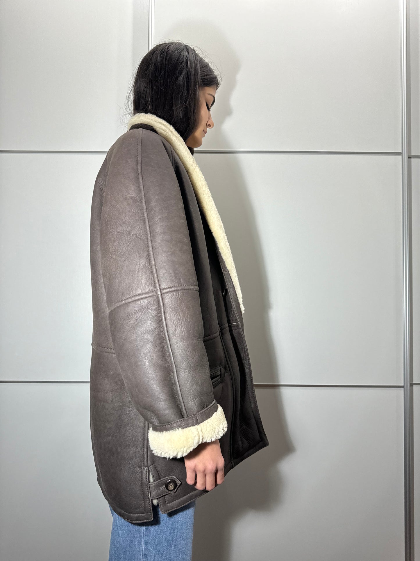 Montone originale Shearling in pelle testa di moro, taglia M uomo